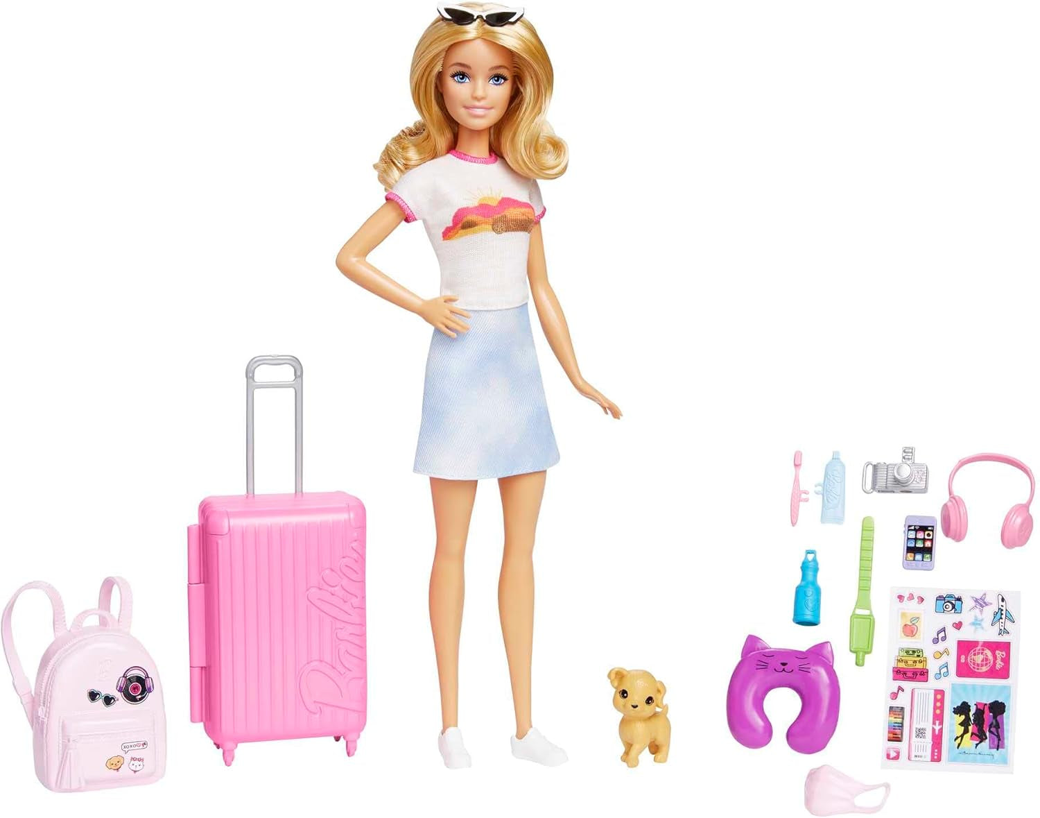Bambola Barbie, Barbie da viaggio con capelli biondi, 10+ accessori da viaggio, adesivi, valigia, cucciolo, include 1 bambola, regalo per bambini, giocattolo età 3+, HJY18
