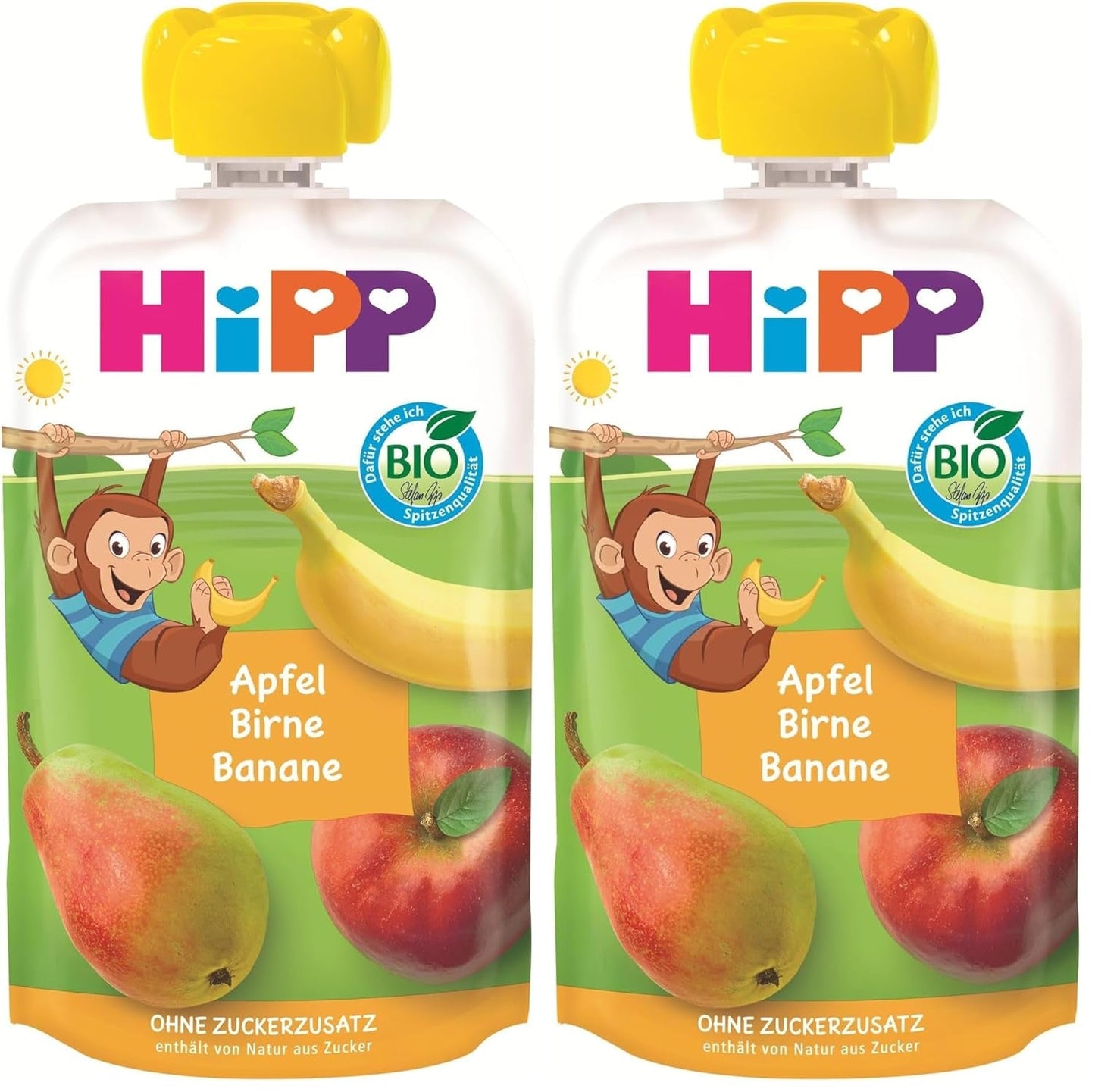 Buste di frutta biologica HiPP, comprimibili, mela, pera, banana - Anton Maimuta (8 x 100 g), da 1 anno, 100% purea di frutta, senza zuccheri aggiunti, vegano, migliore qualità biologica (confezione da 2)