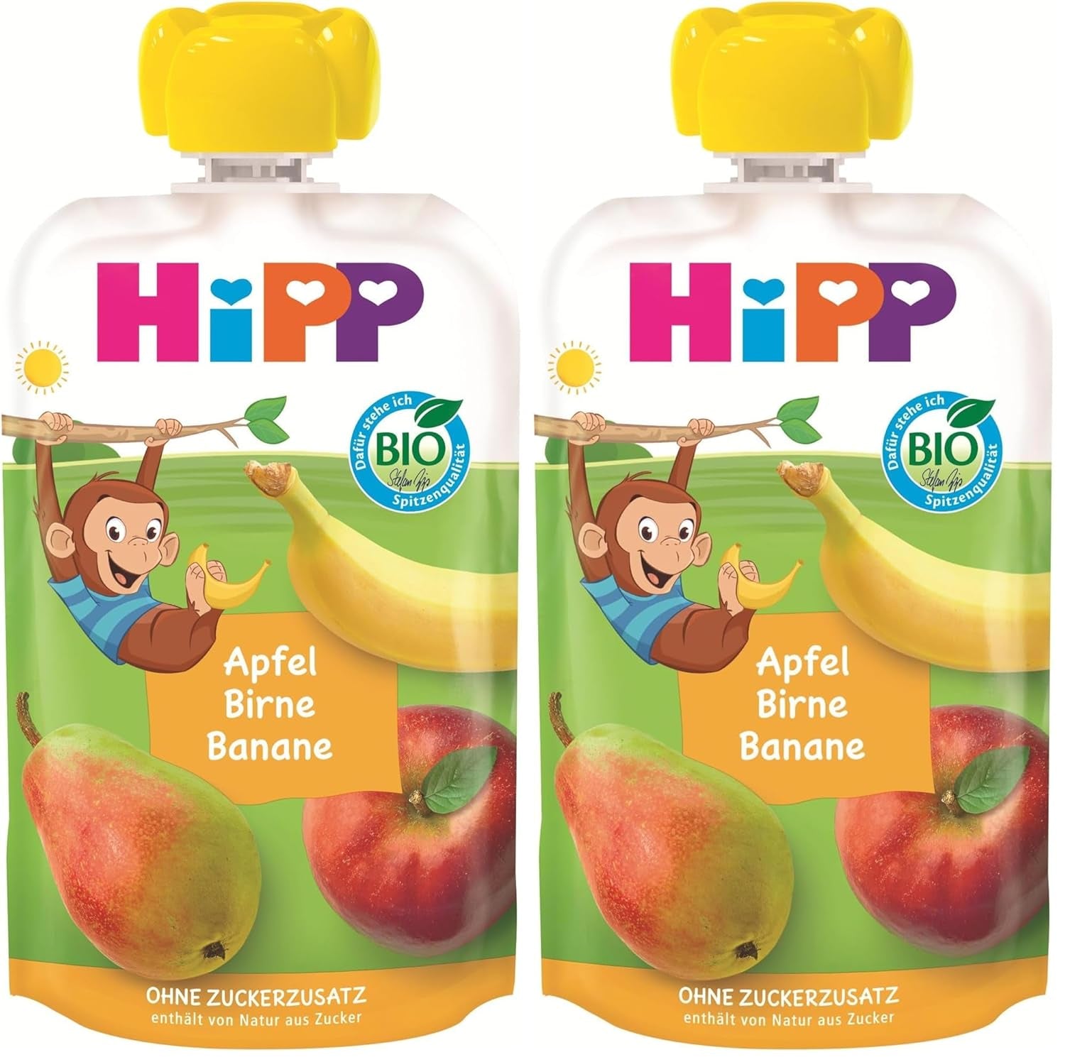 Buste di frutta biologica HiPP, comprimibili, mela, pera, banana - Anton Maimuta (8 x 100 g), da 1 anno, 100% purea di frutta, senza zuccheri aggiunti, vegano, migliore qualità biologica (confezione da 2)