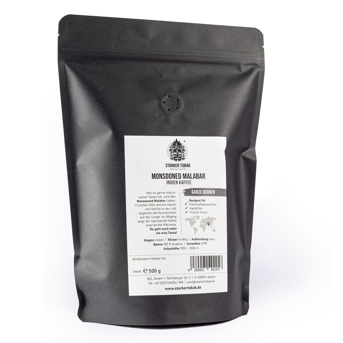 STARKER TOBAK Caffè Malabar monsonato, chicchi interi, tostato a mano - Tostatura media, India, 100% qualità arabica, adatto per caffè filtro, French Press, macchine da caffè completamente automatiche, delicato sullo stomaco - Acidità molto bassa