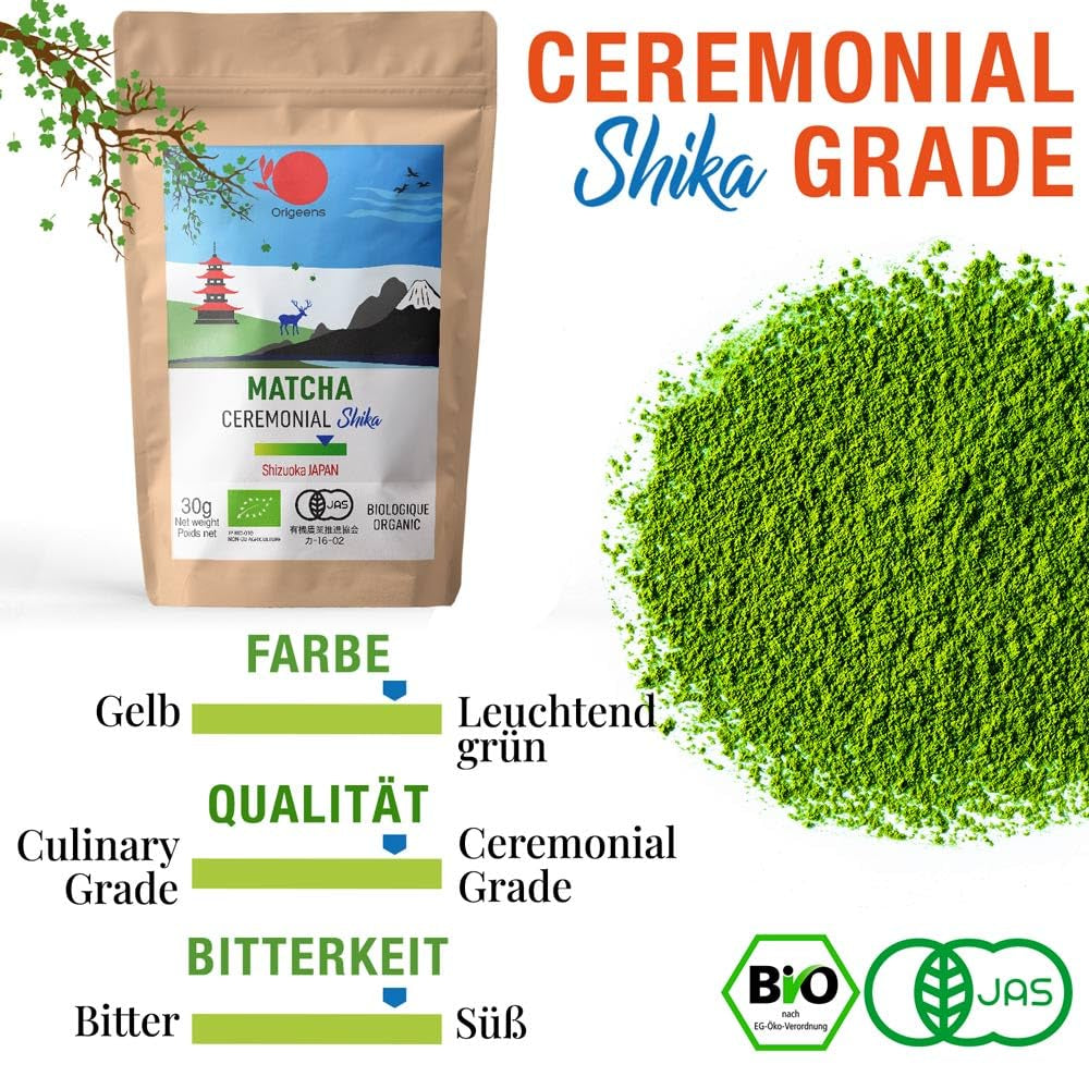 ORIGEENS BIO MATCHA CEREMONIAL GRADE "SHIKA" - Tè giapponese biologico di Shizuoka - Matcha Latte/Usucha - Borsa di ricarica da 30 g - Tè verde matcha biologico in polvere di grado cerimoniale