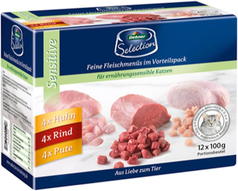 Dehner Premium Katzenfutter Sensitive Multipack, Nassfutter, für ernährungsensible Katzen, je 4 x Huhn / Rind / Pute, 12 x 100 g Bag (1,2 kg)