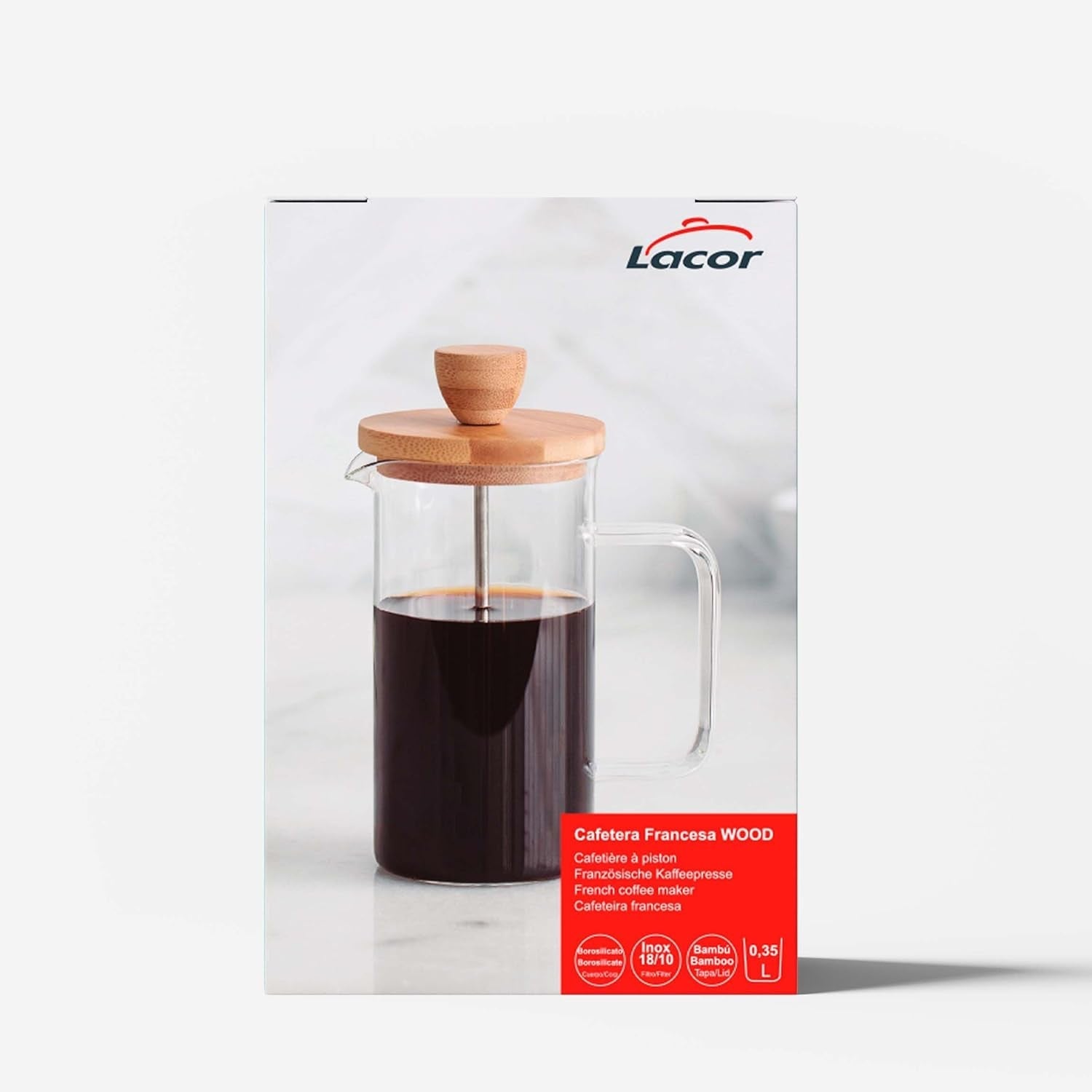 Caffettiera francese, Pressa per caffè, Caffettiera a stantuffo, Caffettiera con filtro francese, 3 tazze, 0,35 L, Acciaio e legno