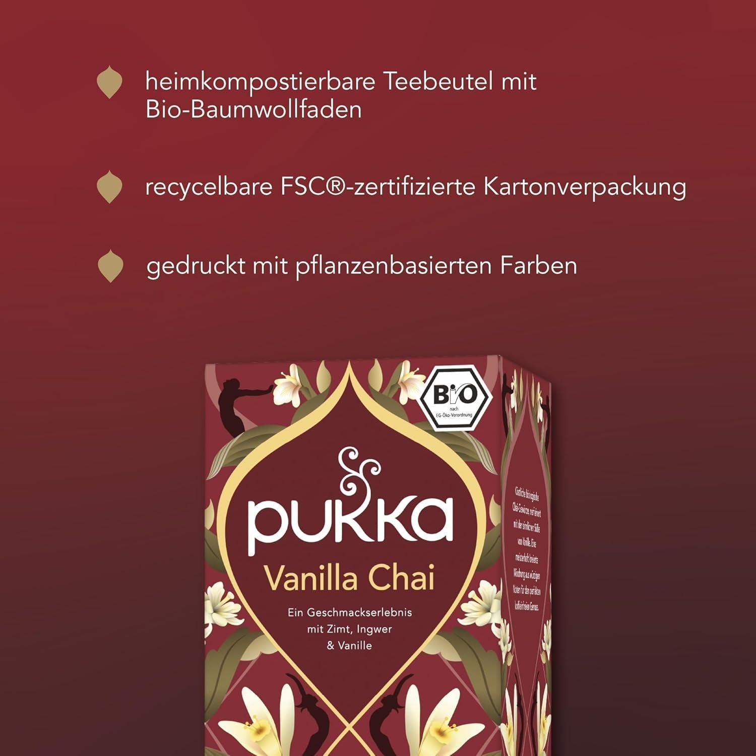 Pukka | Miscela di tè biologici aromatizzati "Vanilla Chai" | Cannella, zenzero e vaniglia | Tè per una delizia dalla dolcezza naturale | Confezione da 1 | 20 bustine di tè
