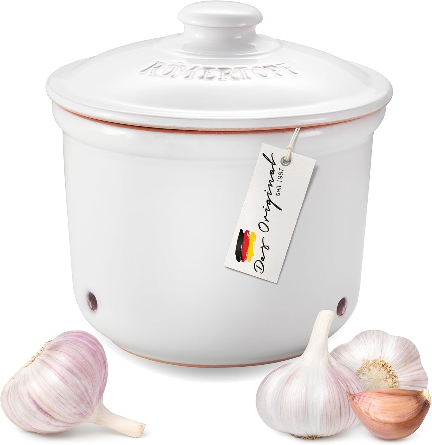 Römertopf Fresh Pot MINI 0,6 litri - Pentola per aglio in ceramica - L'argilla traspirante mantiene le verdure fresche più a lungo - Circolazione dell'aria ideale - Contenitori per alimenti bianchi Naty Shop Titolo predefinito