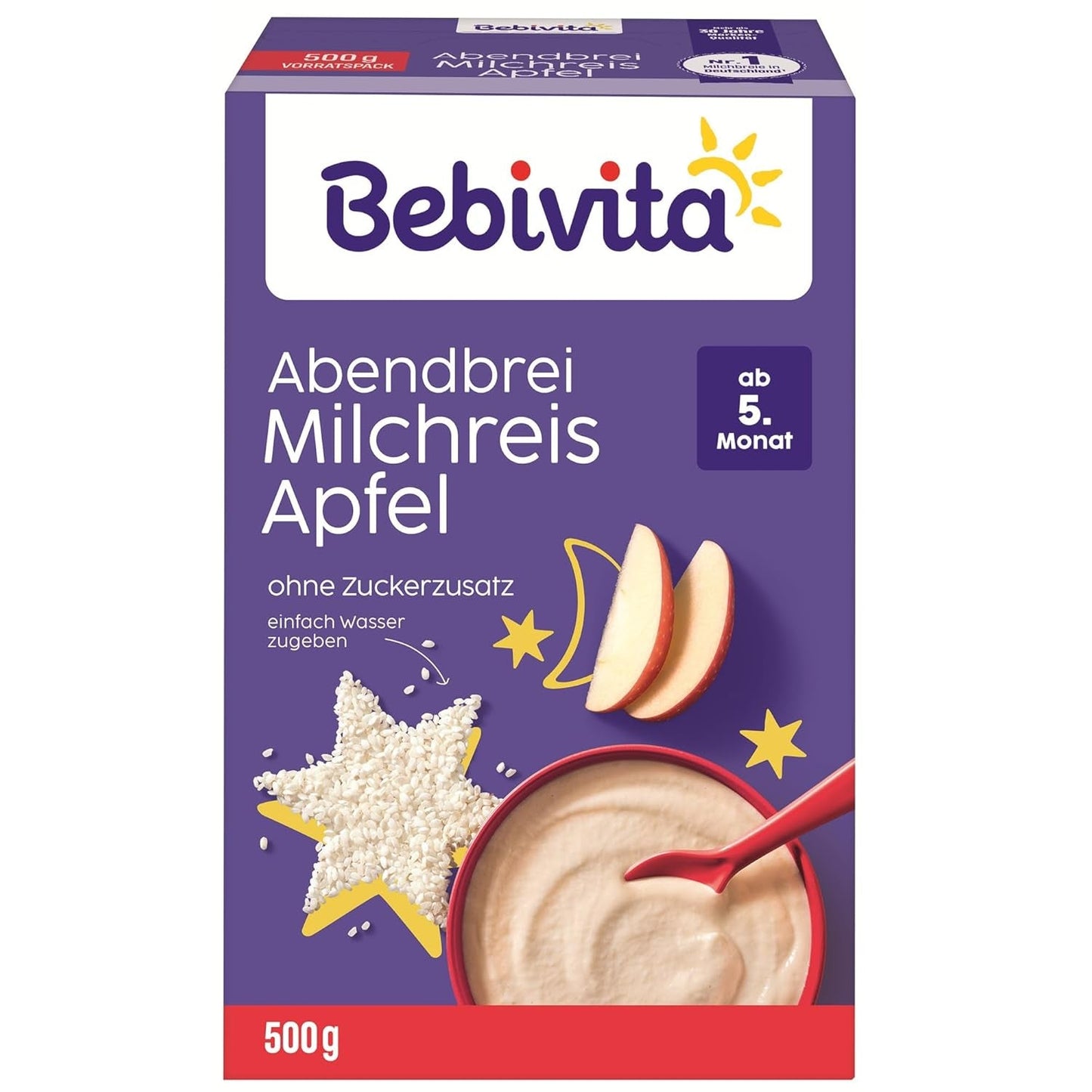 Budino di riso con mele e porridge serale (4x500g), porridge di latte di 5 mesi, con preziosi minerali e vitamine, senza zuccheri aggiunti, molto saziante