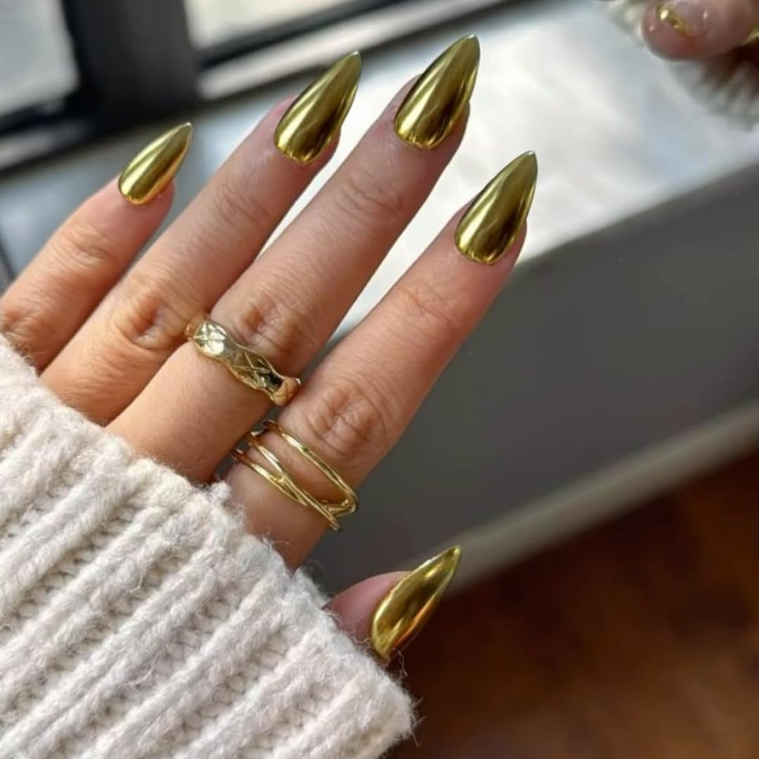 Unghie cromate autoadesive - Colla glitterata marrone mandorla media sulle unghie Unghie finte glitterate Colla sulle unghie artificiali Unghie acriliche smaltate per donne 24 pezzi