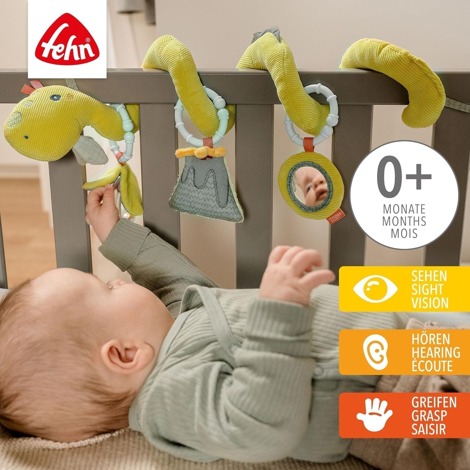 Fehn Activity Spiral Dino - giocattolo per passeggino spingi e tira - dinosauro per lettino, parco giochi, carrozzina e seggiolino auto - gioco di attività motoria per neonati e bambini da 0+ mesi Baby Toys Naty Shop