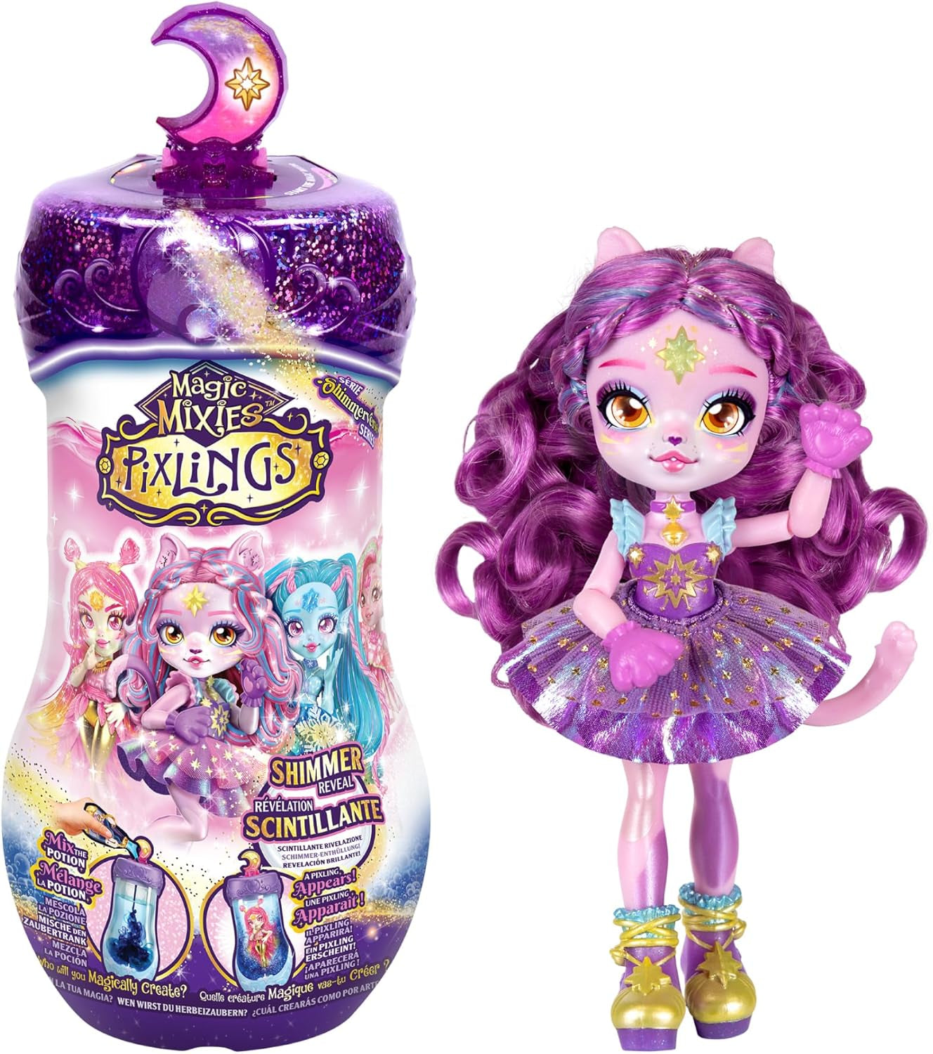 Pixlings Bambole magiche, 4 bambole assortite - 2 nuove - Bambola alla moda da 15 cm - Pozioni magiche - Giocattolo pozioni segrete (MG101000)