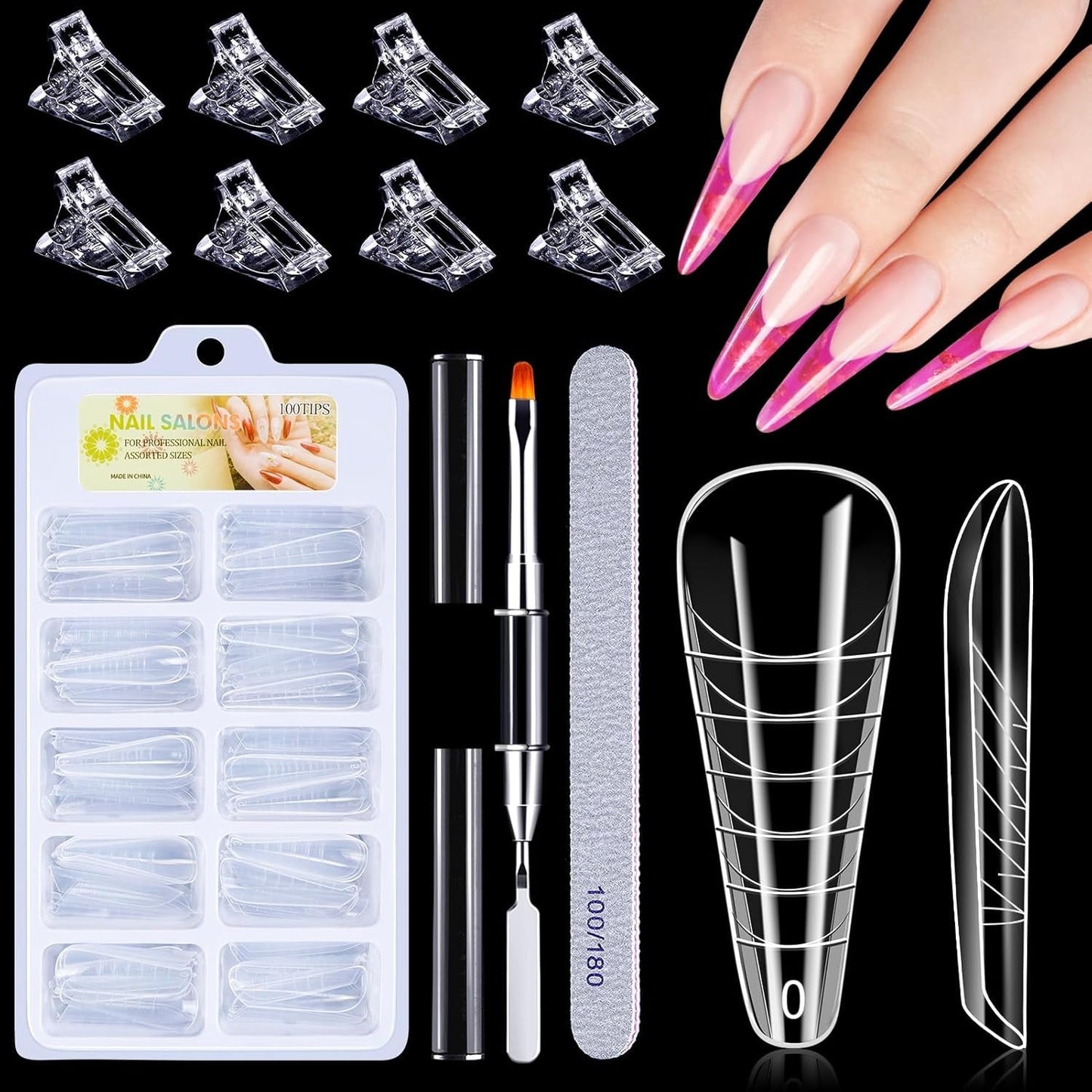 Set di forme per unghie da 120 pezzi, estensioni per unghie, forme per unghie in gel, set di forme per unghie con pennello a doppia testa e lima per unghie con clip, per unghie in gel