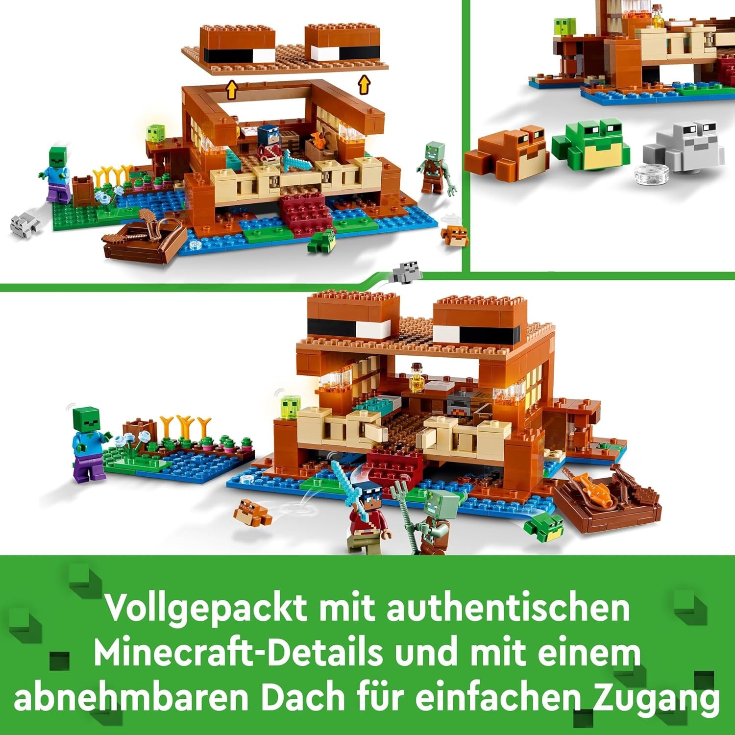 LEGO Minecraft La casa della rana, casa giocattolo con personaggi tra cui zombie, melma e uomo che sta annegando, più accessori come barca giocattolo e banco da lavoro, regalo per ragazzi e ragazze a partire da 8 anni 21256 Set da costruzione Besuche den LEGO-Store