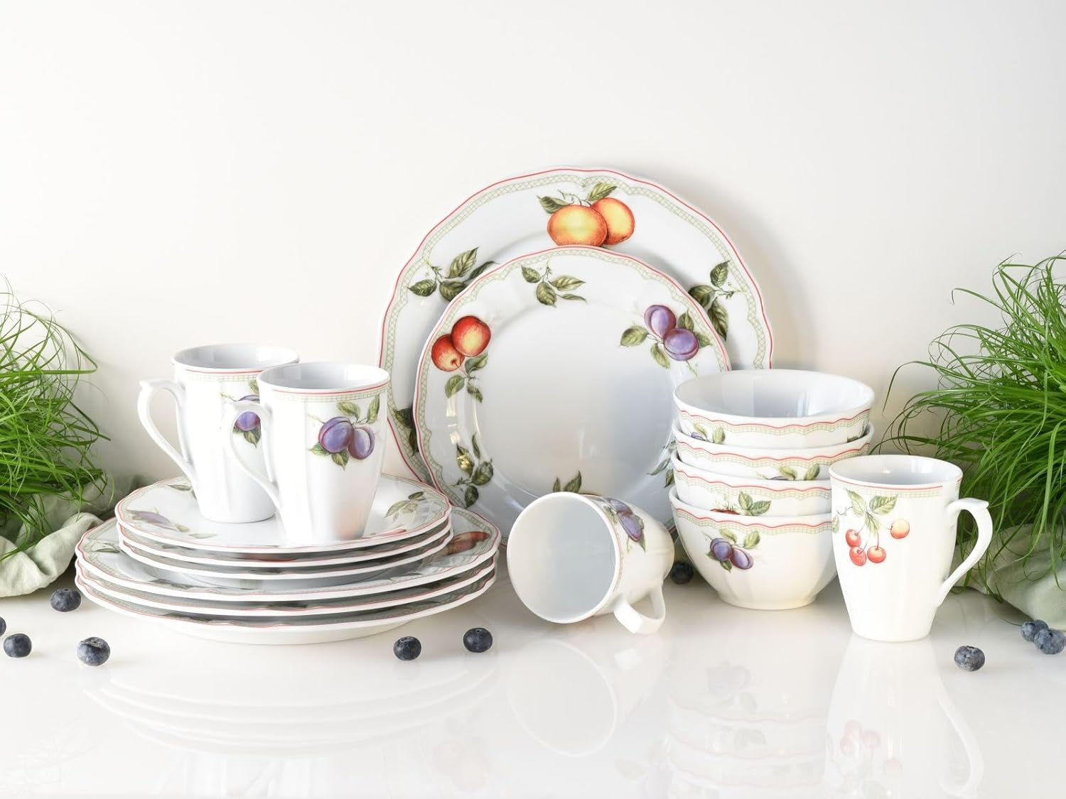 CreaTable, 16999, serie Flora ORCHARD, set di stoviglie da 16 pezzi per 4 persone, servizio combinato in porcellana, lavabile in lavastoviglie e adatto al microonde, prodotto in Europa