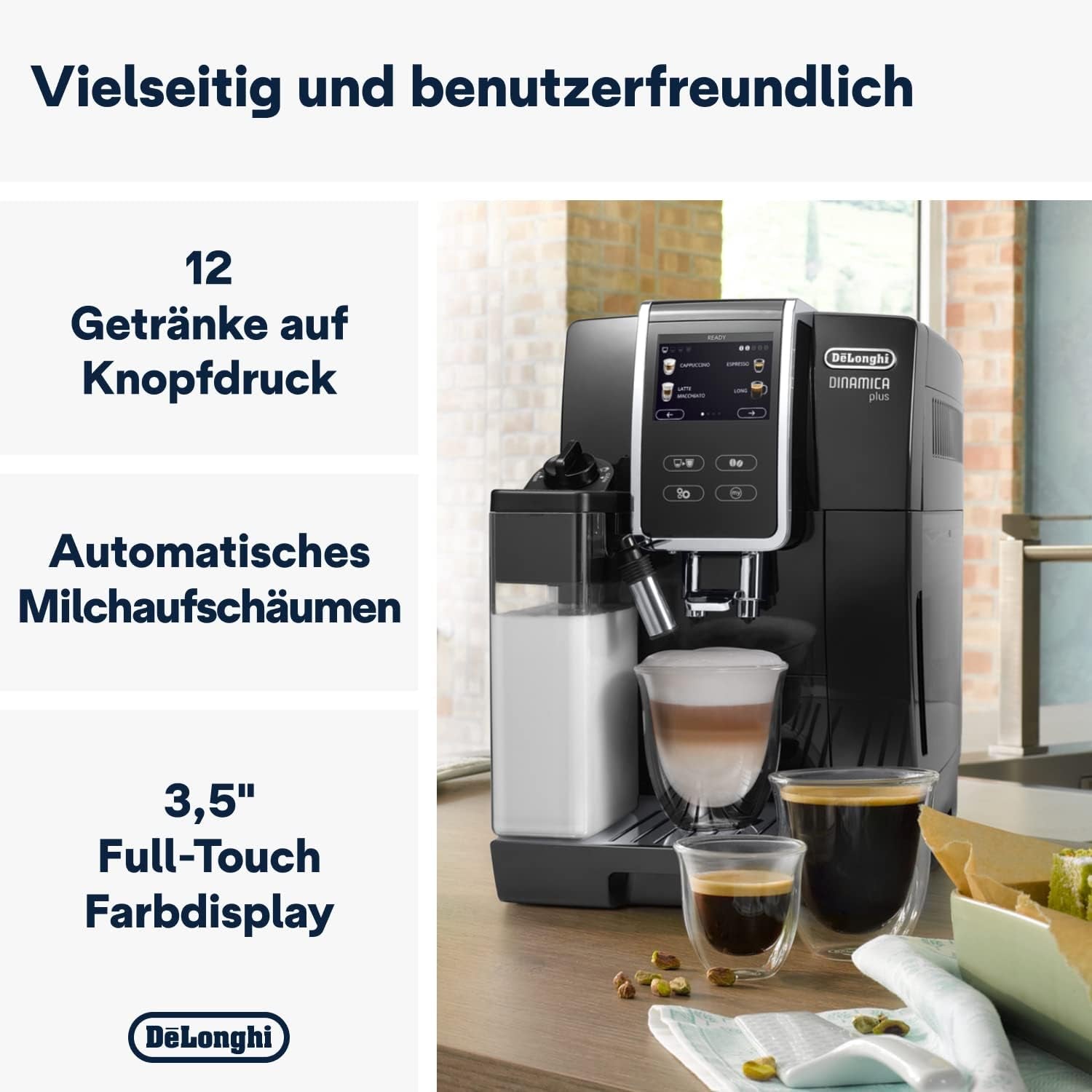 De'Longhi Dinamica Plus ECAM 370.70.B Macchina per caffè espresso completamente automatica con sistema LatteCrema, cappuccino ed espresso, touch screen a colori TFT da 3,5 pollici e controllo app, funzione caffè, nero