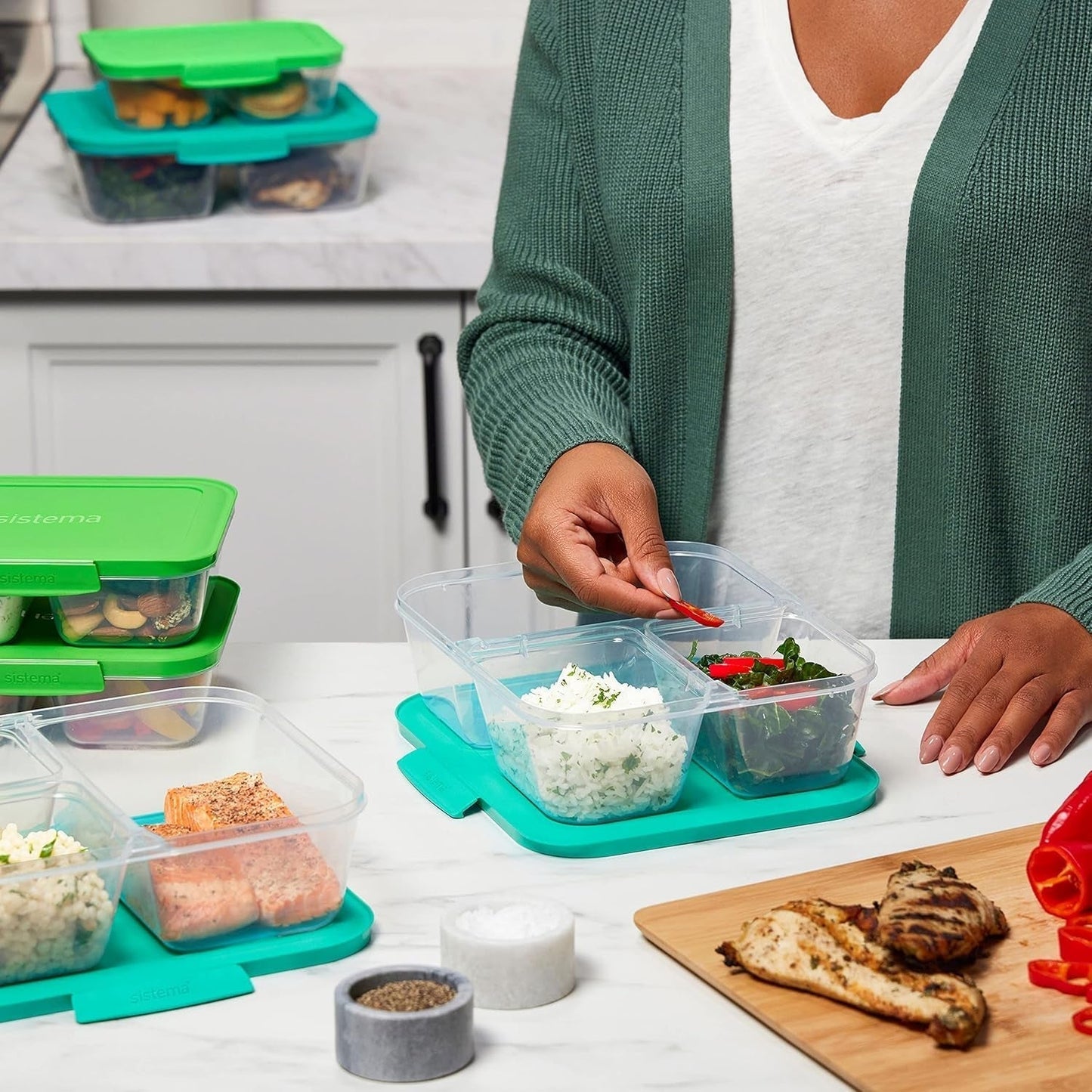 Contenitori per la conservazione degli alimenti del sistema IT Nest Scatole per la preparazione dei pasti | Contenitori ermetici da 1,9 litri con TRE scomparti e coperchi | Senza BPA | Verde | 5 contenitori per alimenti Naty Shop