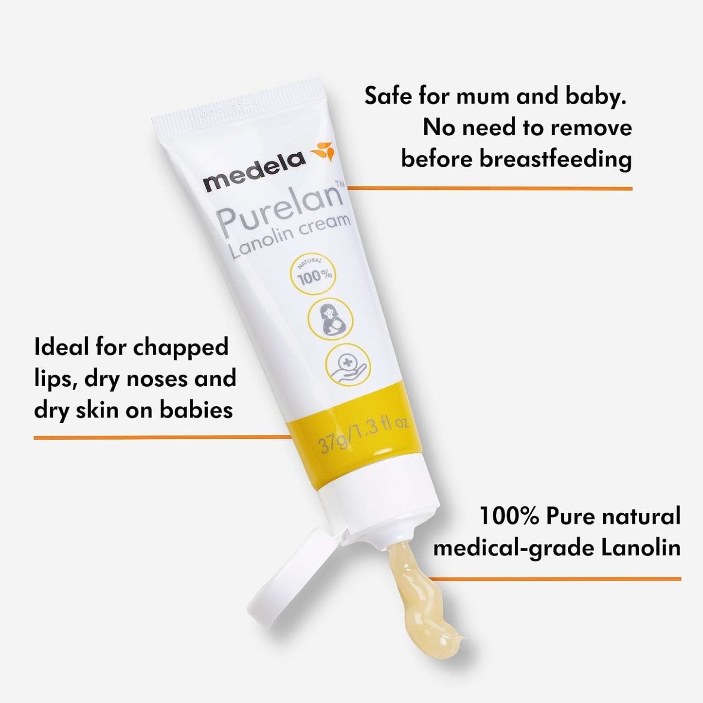 Medela Purelan 37G Crema per capezzoli alla lanolina - crema per capezzoli irritati e pelle secca, 100% naturale, ipoallergenica Accessori Alimentazione e Allattamento Bebe Naty Shop