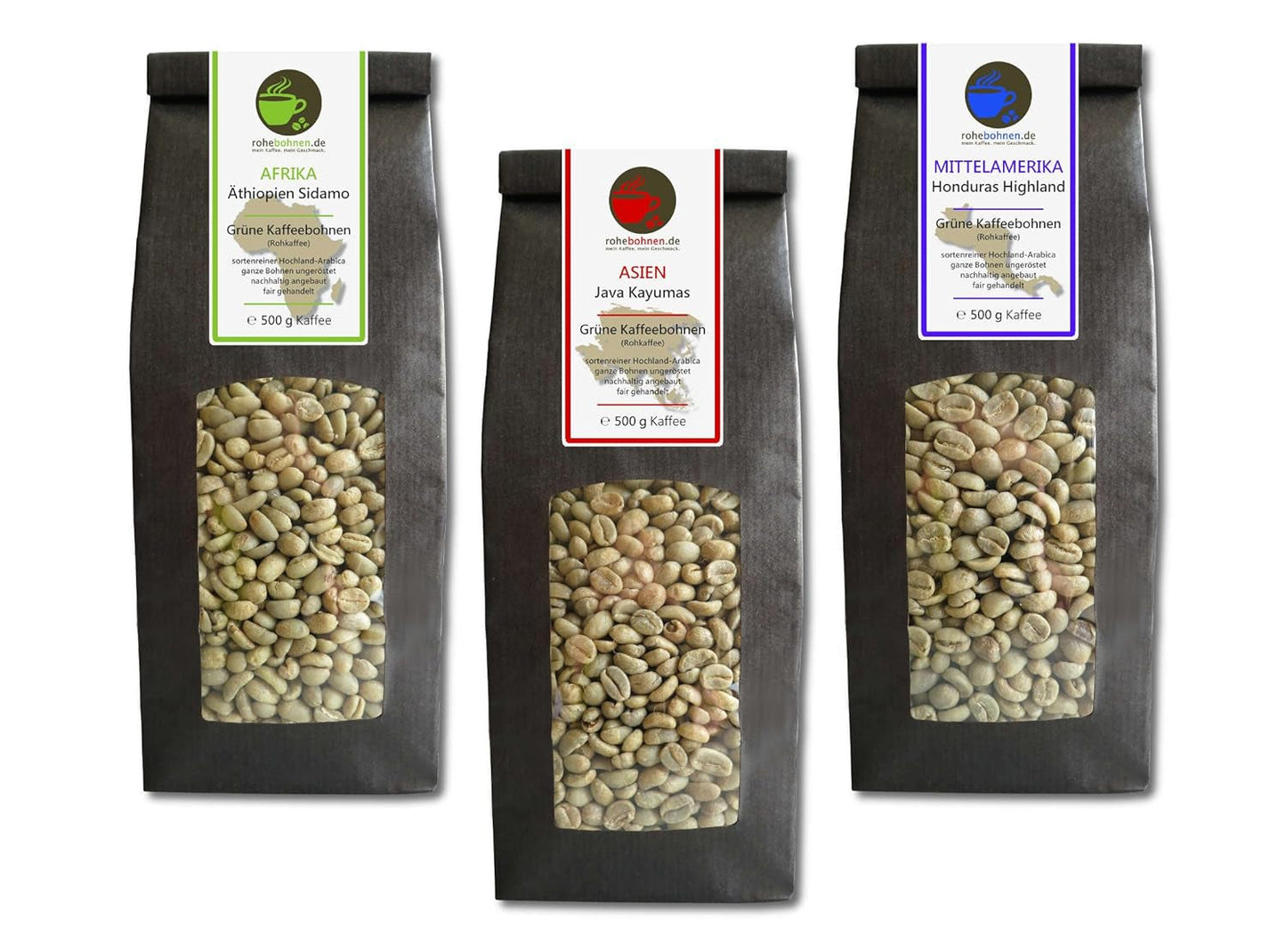 Caffè crudo - Caffè verde biologico di Etiopia, Giava, Honduras (confezione ridotta di chicchi di caffè verde 3x500g) - Certificato GMP