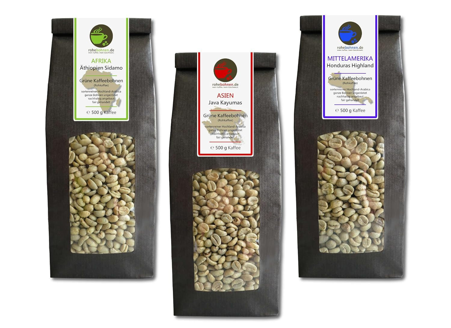 Caffè crudo - Caffè verde biologico di Etiopia, Giava, Honduras (confezione ridotta di chicchi di caffè verde 3x500g) - Certificato GMP