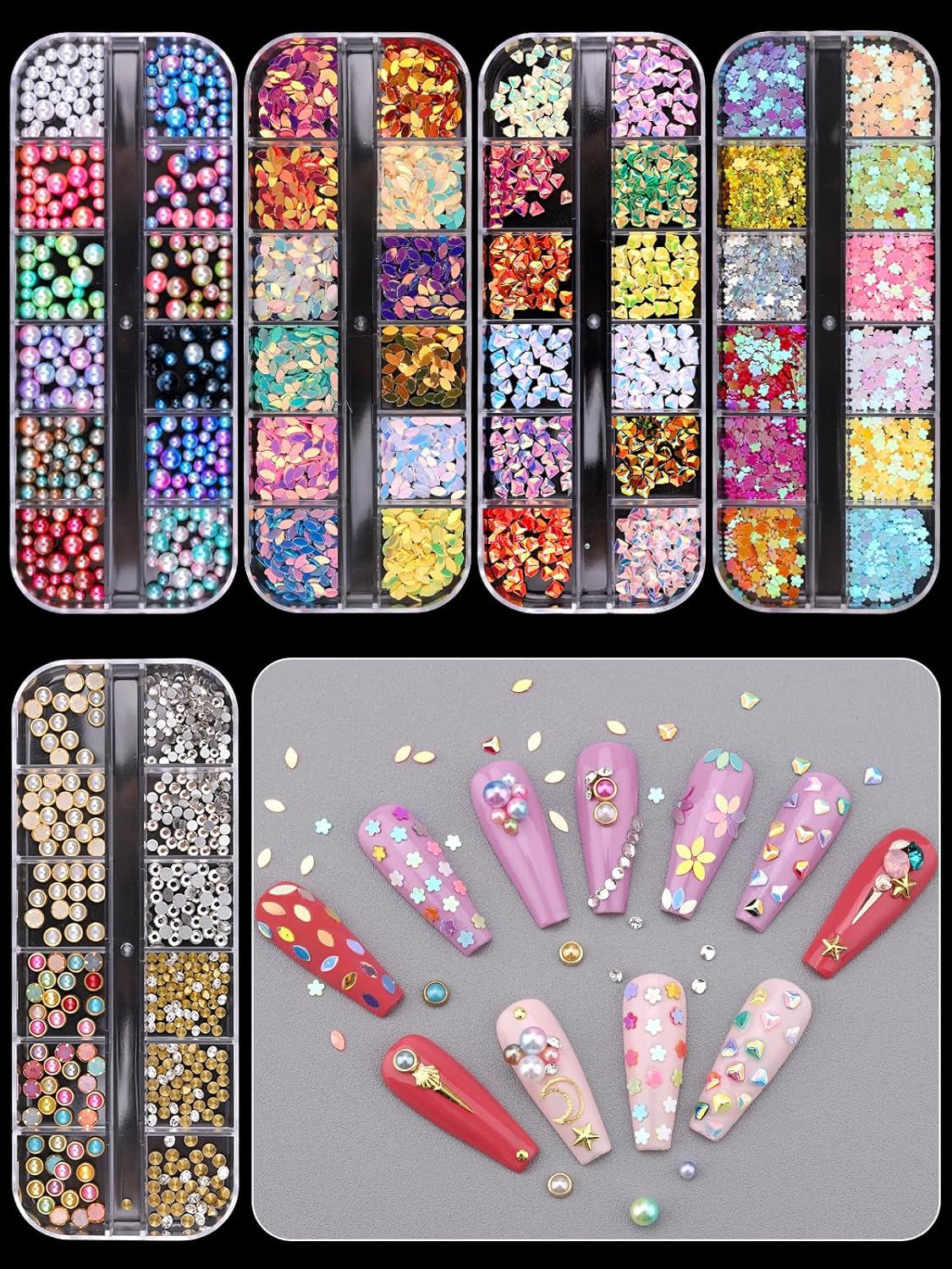 EBANKU Nail Art Strass Kit Multi Design Zubehör Mit 1 Pinzetten 1 Stück Wachsstifte Deko Diamondn Kristalle Perlen Edelsteine ​​​​Bunt Pferdeaugen Strass Metall Nieten Für Nagel DIY (1 Stück (10Er Pack))