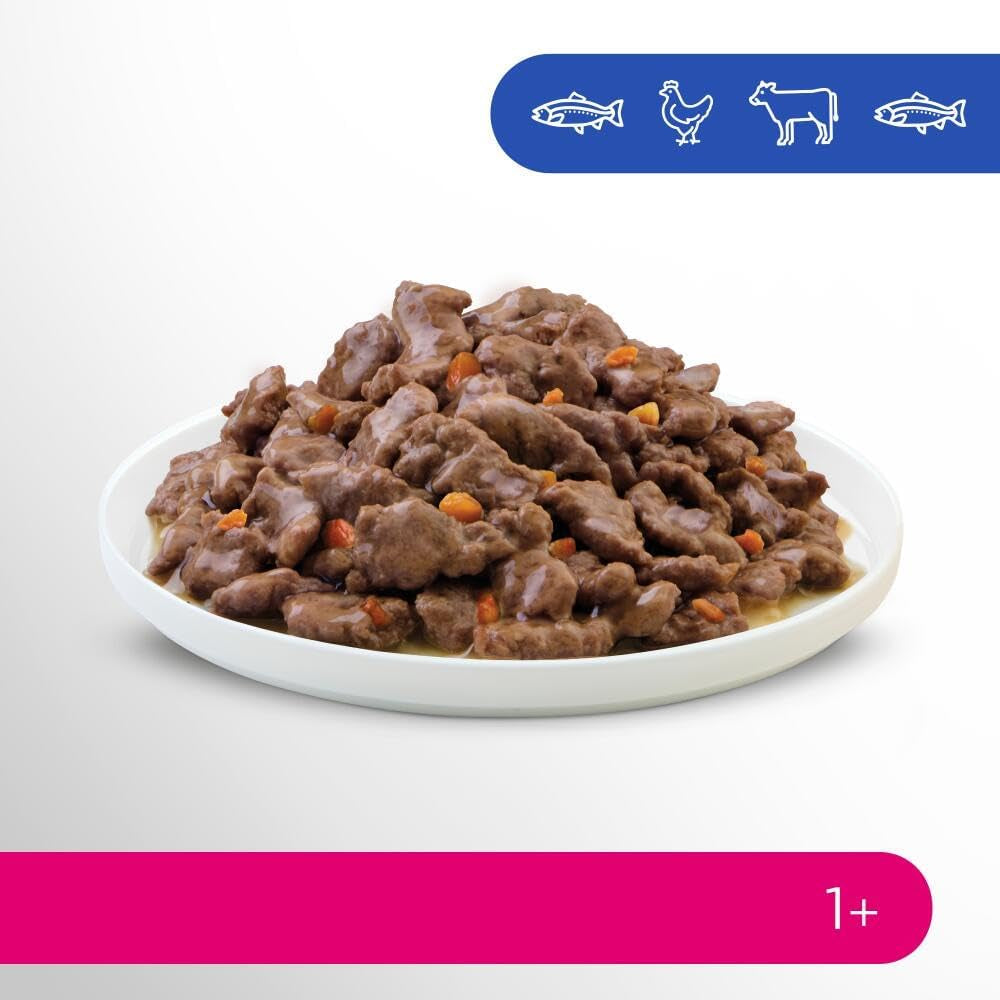 Selezione di cibo umido Perfect Fit Adult 1+ con salmone, pesce di acque profonde, manzo e pollo, 48 bustine, 12x85 g (confezione da 4) - Cibo umido premium per gatti adulti a partire da 1 anno di età