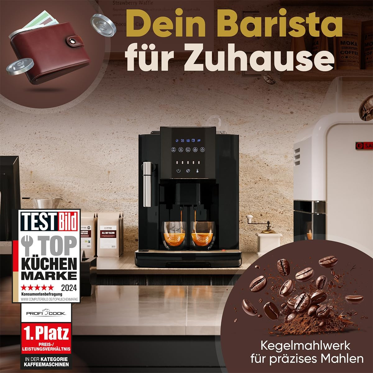 Macchina per caffè espresso ProfiCook® completamente automatica con montalatte per cappuccino | Macina conica | con funzione scaldatazze | Pompa Professionale Italiana | Touchscreen | Espresso | PCKAV1281