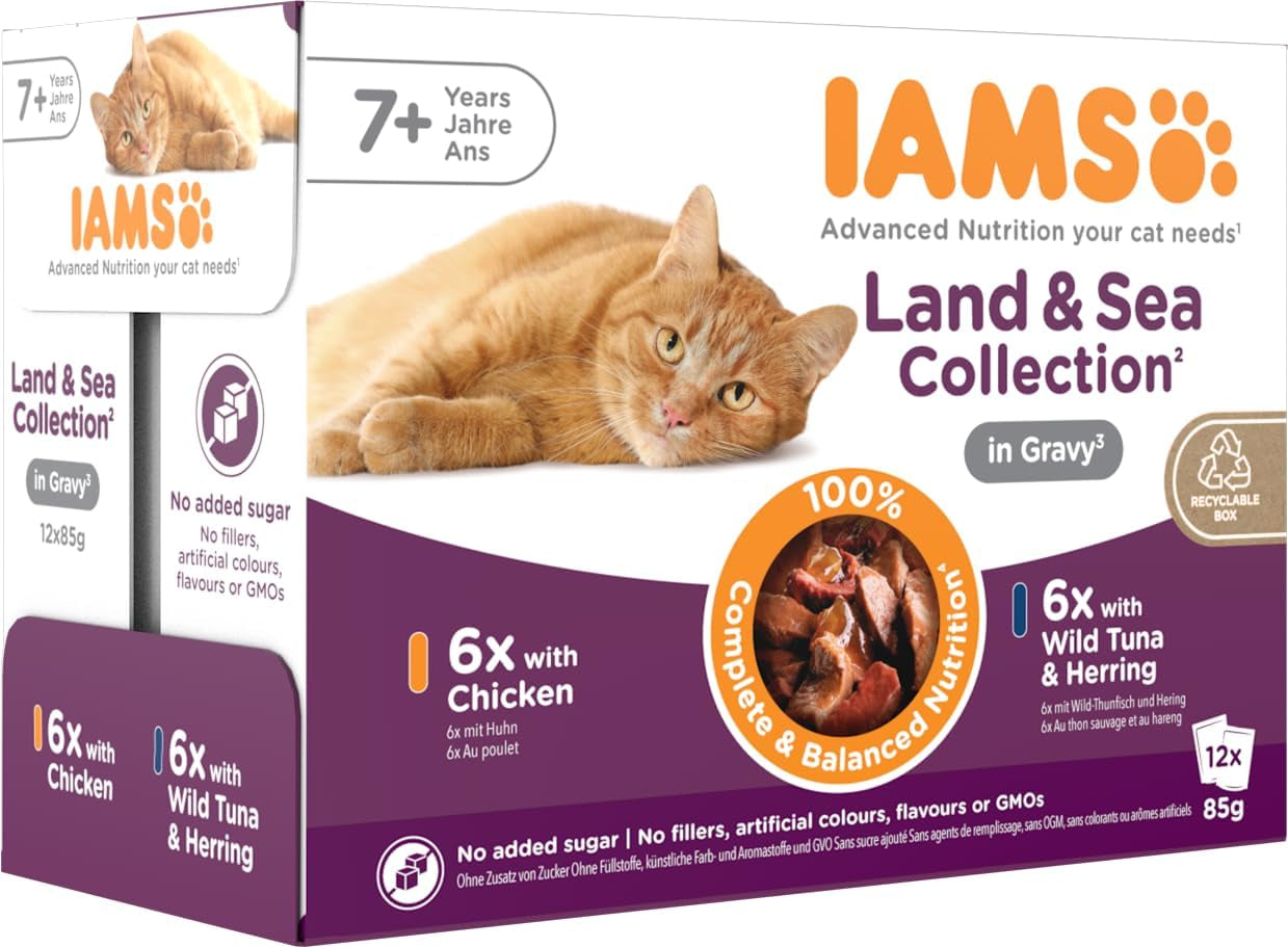 IAMS Delights Cibo umido per gatti anziani - Confezione multipla con pollo e pesce in salsa, cibo umido di alta qualità per gatti di età superiore a 7 anni, 12 x 85g