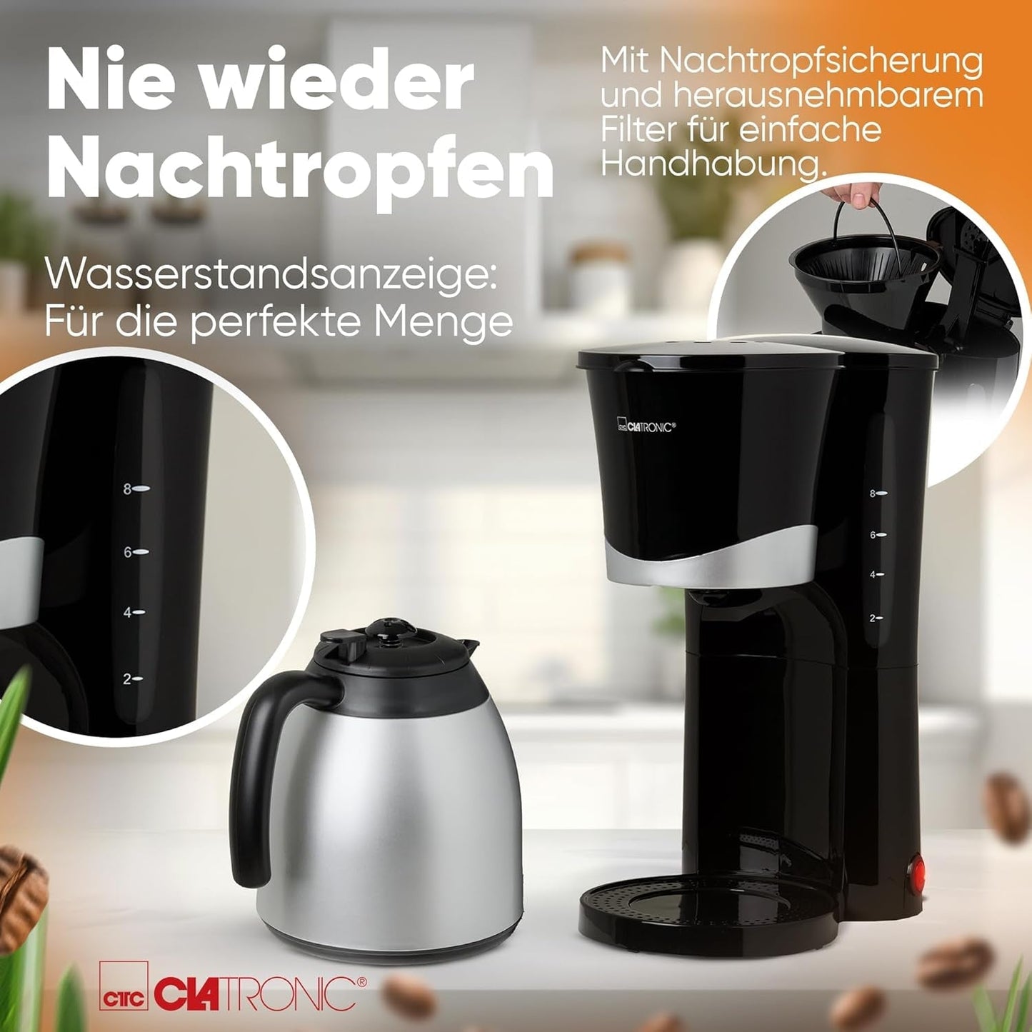 Caffettiera Clatronic® con thermos | per 8-10 tazze di caffè | senza perdita di temperatura | caffettiera con filtro | 1 litro | Espresso | Caffettiera a filtro con thermos | KA 3327 nero