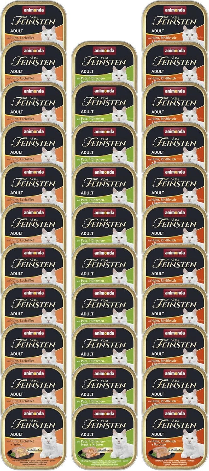 animonda Vom Feinsten Adult Gourmet Variety (32 x 100 g), alimento umido senza cereali e senza zucchero per gatti adulti dall'irresistibile cuore gourmet.