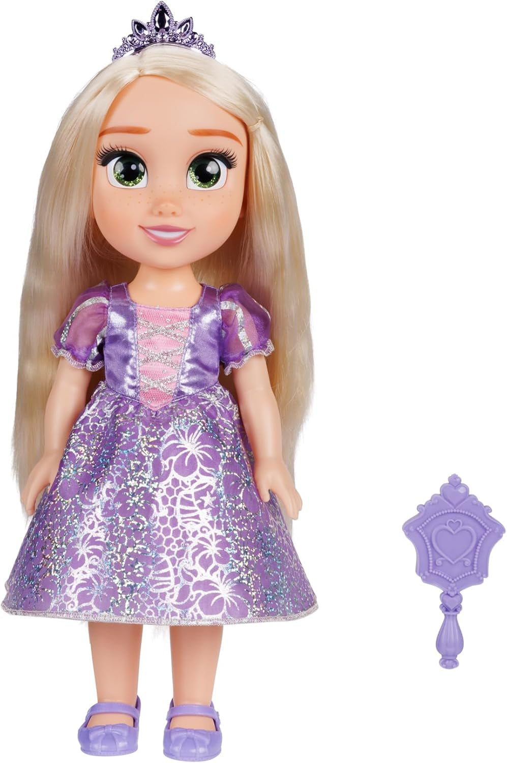 Disney Princess Rapunzel bambola da 35 cm, occhi riflettenti glitterati, articolazioni mobili, vestito staccabile, scarpe, corona, lunghi capelli biondi, per ragazze dai 3 anni in su