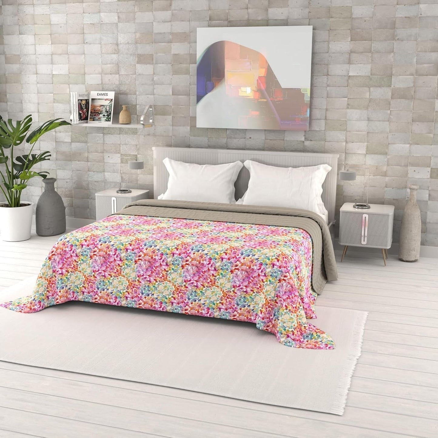 Trapunta Estiva Stampata Fantasia, Imbottitura in Poliestere, Petali, 260X270Cm