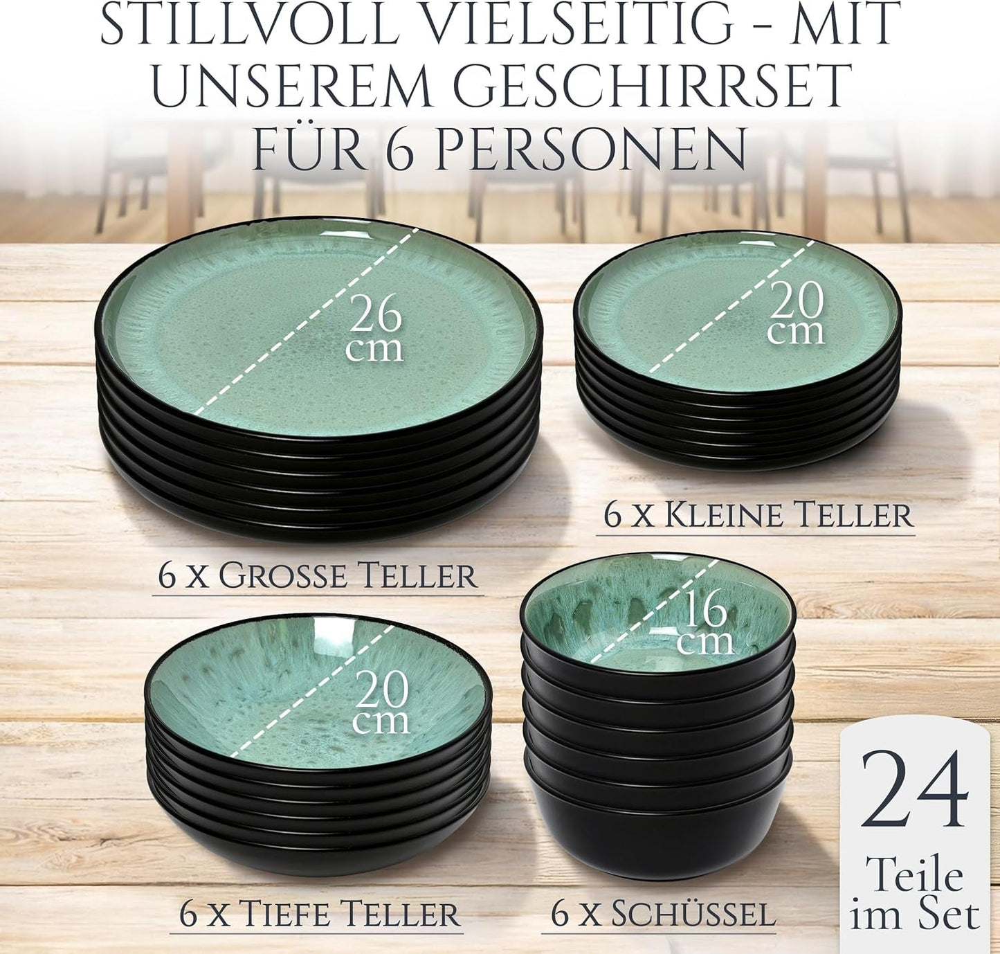 Servizio stoviglie 24 pezzi in gres ceramica per 6 persone, design Ibiza, VINCITORE DEL TEST. Uno splendido set di stoviglie mediterranee che comprende ciotole e piatti. Servizio da tavola Pure Living, verde salvia.