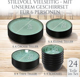 Servizio stoviglie 24 pezzi in gres ceramica per 6 persone, design Ibiza, VINCITORE DEL TEST. Uno splendido set di stoviglie mediterranee che comprende ciotole e piatti. Servizio da tavola Pure Living, verde salvia.