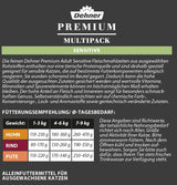 Dehner Premium Katzenfutter Sensitive Multipack, Nassfutter, für ernährungsensible Katzen, je 4 x Huhn / Rind / Pute, 12 x 100 g Bag (1,2 kg)