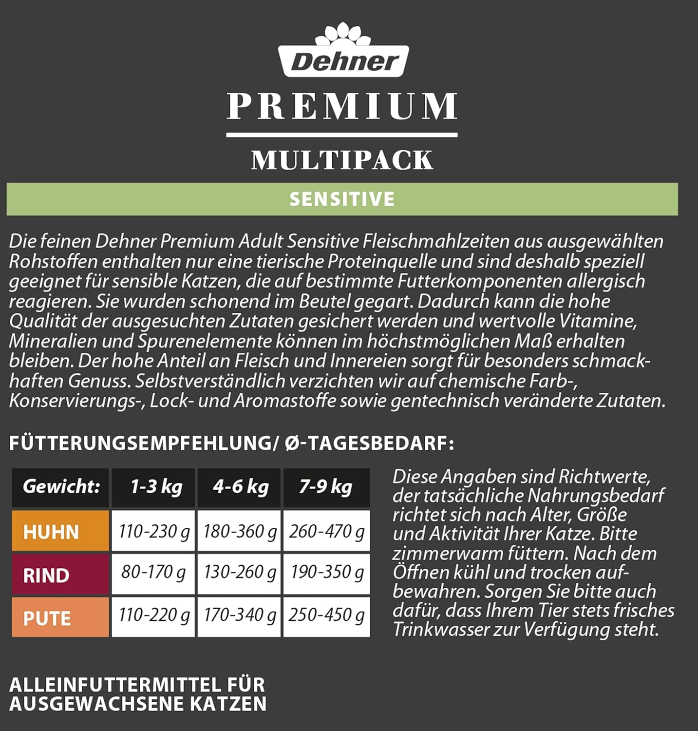 Dehner Premium Katzenfutter Sensitive Multipack, Nassfutter, für ernährungsensible Katzen, je 4 x Huhn / Rind / Pute, 12 x 100 g Bag (1,2 kg)