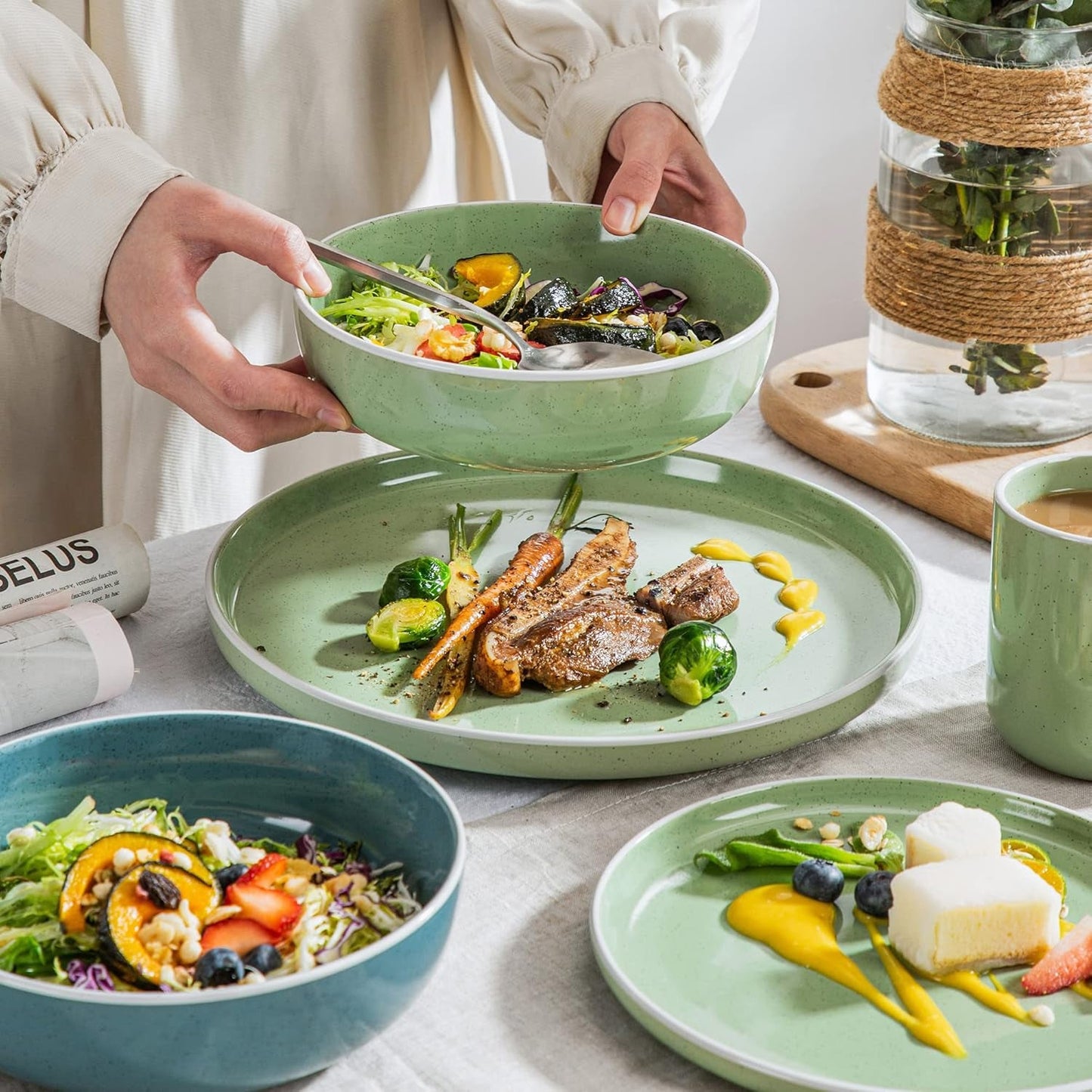 vancasso SESAM Serie Steingut Geschirrset für 12 Personen, 48 teiliges Kombiservice – Tafelservice mit Speisetellern, Desserttellern, Müslischalen und Kaffeetassen, Scandinavian Design