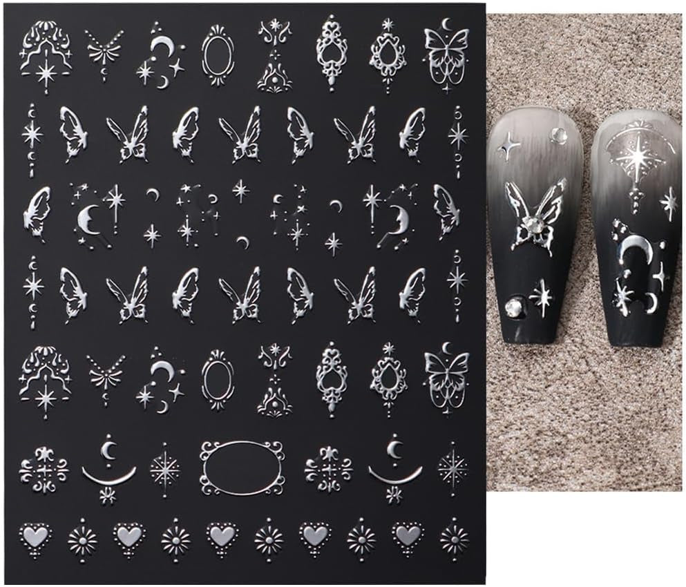 Adesivi per unghie metallizzati argento 3D, adesivi per unghie per donne, stella, luna, sole, lamina per unghie, adesivi autoadesivi, adesivi per unghie farfalla, adesivi per unghie, accessori per design delle unghie, 8 pezzi