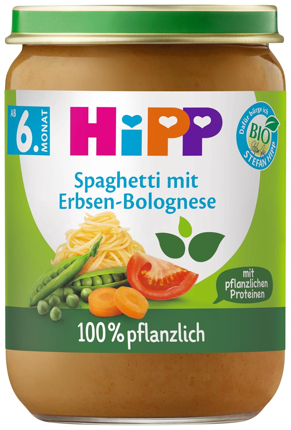 HiPP Spaghetti alla Bolognese con Piselli Bio (6 x 190g), Pasto per Bambini a partire da 5/6 Mesi, 100% Vegetale, Senza Sale Aggiunto, Migliore Qualità Biologica