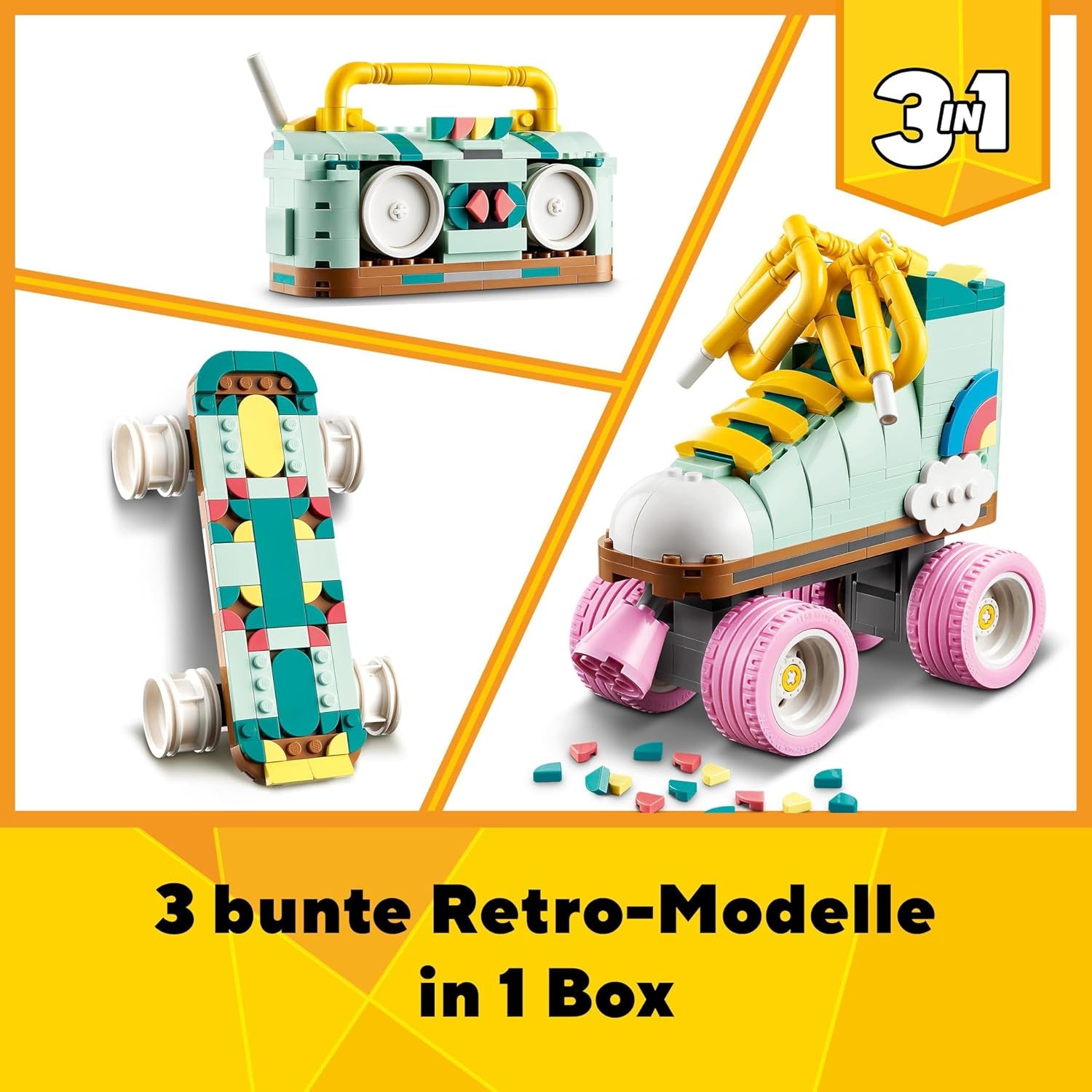 LEGO Creator 3in1 Roller Skate Giocattolo per Ragazze e Ragazzi con Mini Skateboard e Boombox, Decorazione per Camera da Letto retrò, Regalo di Compleanno per 8 Anni 31148 Set da Costruzione Besuche den LEGO-Store