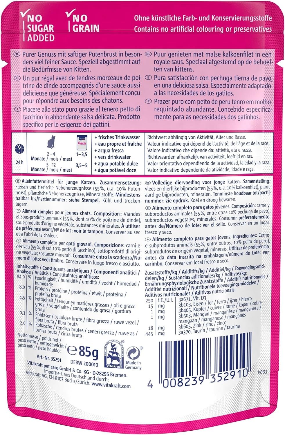 Vitakraft Poésie Délice, Junior, Cibo umido per gatti, Cibo umido in salsa, con tacchino, Confezione multipla, per gatti giovani, Senza zuccheri o cereali aggiunti (23 x 85g)
