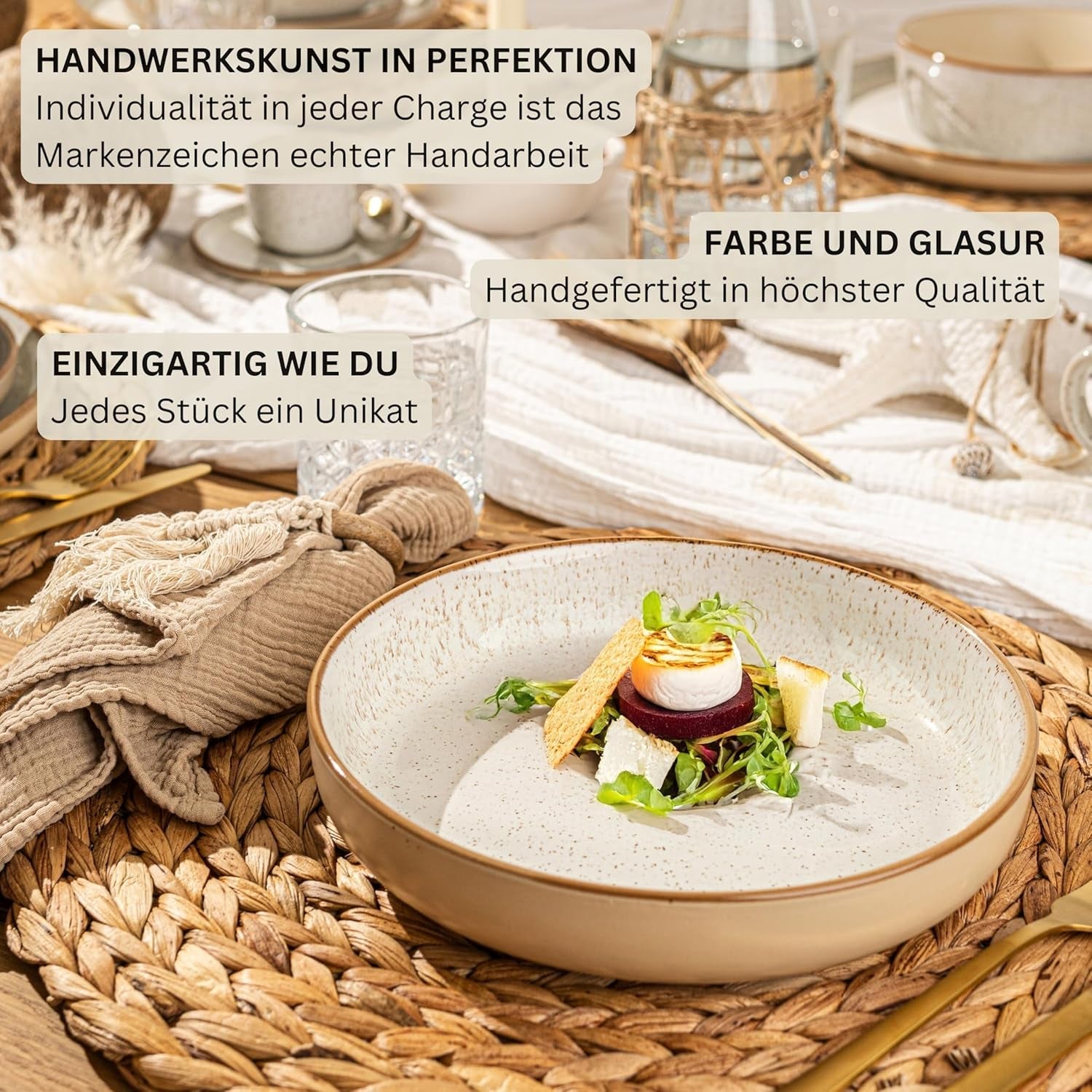 SÄNGER Rio Creme | Set di stoviglie in gres da 18 pezzi per 6 persone, inclusi 6 piatti piani, 6 piatti da dessert e 6 ciotole | LA COLLEZIONE DI VALORE
