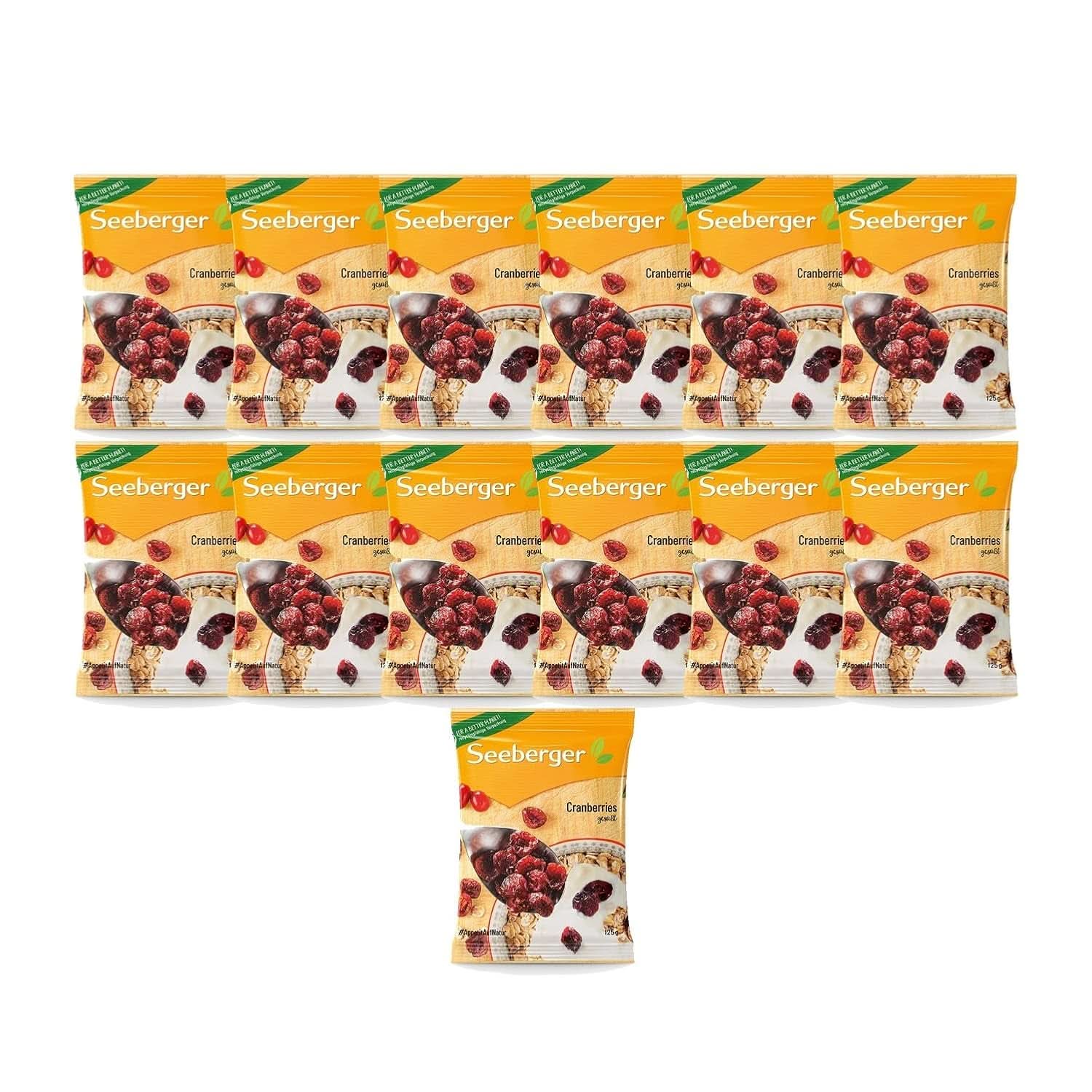 Mirtilli rossi Seeberger, mirtilli rossi canadesi tagliati a metà, fruttati e dolci, 13 x 125 grammi Naty Shop Prodotti disidratati