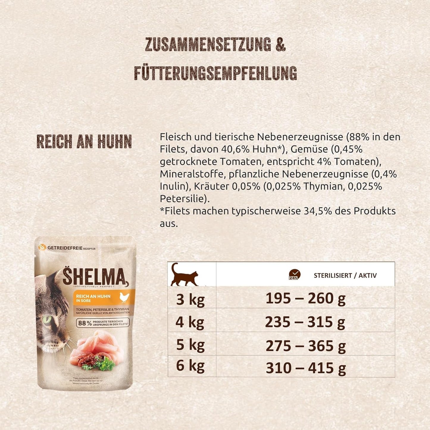 Shelma Cibo umido per gatti con pollo in salsa di pomodoro ed erbe aromatiche - Alimento completo senza cereali con alto contenuto di carne - 28 x 85 g (2,38 kg)