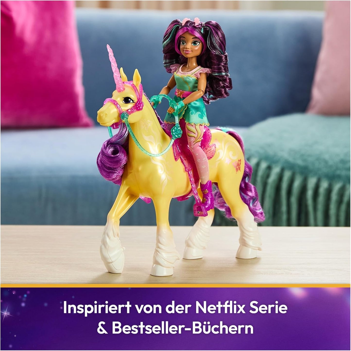 Unicorn Leaf Unicorn Academy - Unicorno originale Ava alto 28 cm della serie Netflix con vera criniera e coda, briglie, sella e spazzola rimovibili, per bambini dai 4 anni in su