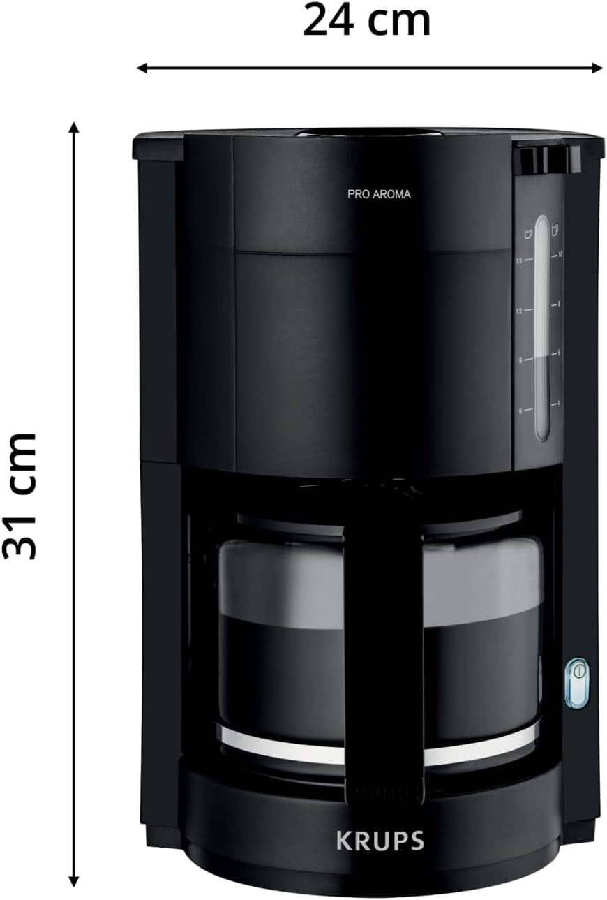 Macchina per caffè espresso Krups F30908 ProAroma con filtro e caraffa in vetro, capacità 1,25 l, 10-15 tazze, 1050 W, nera