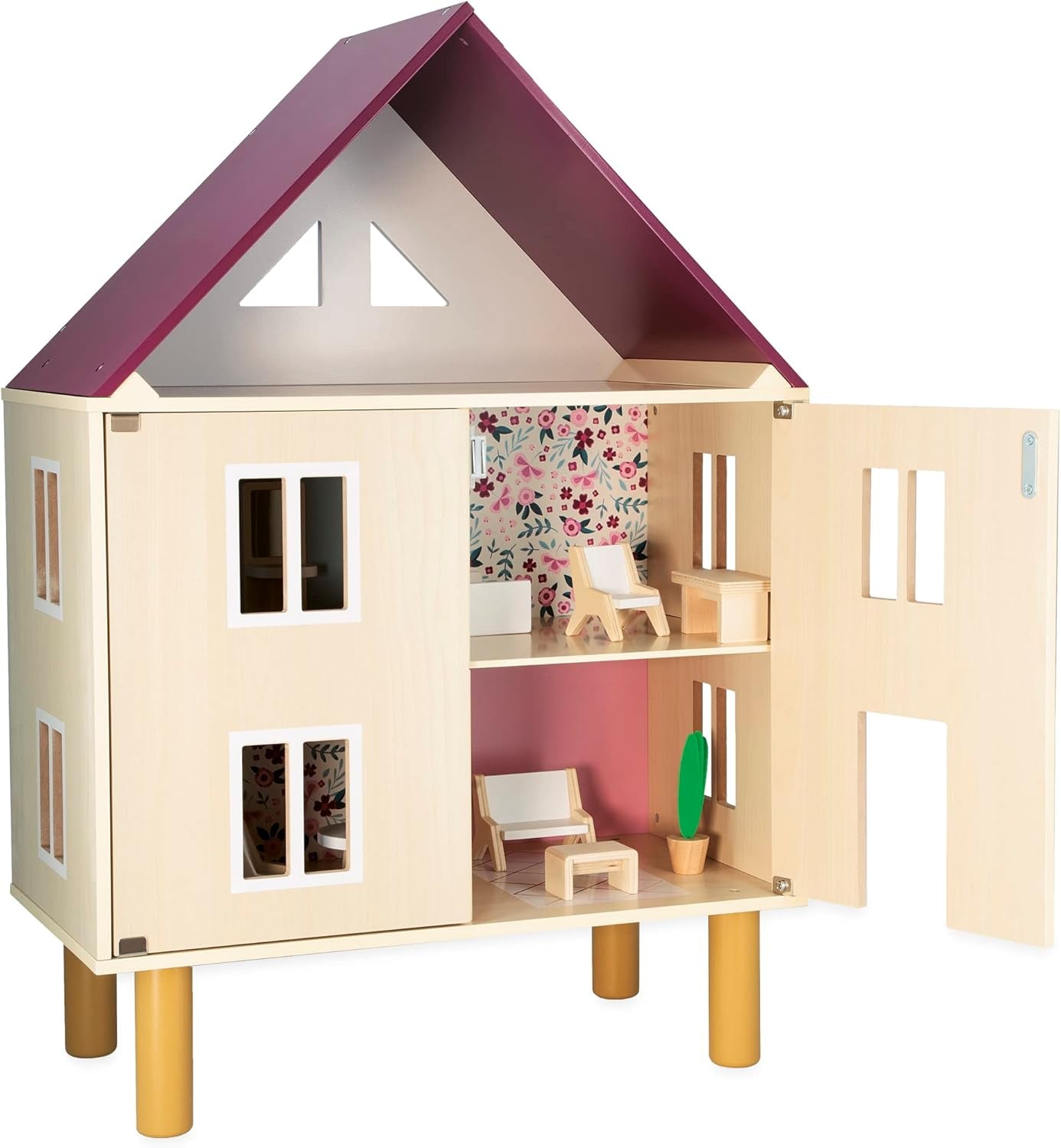 Janod Mademoiselle Casa delle bambole in legno a 3 livelli e 11 accessori Replica del giocattolo sviluppa l'immaginazione dai 3 anni in su J06581 Case delle bambole rosa Naty Shop Twist