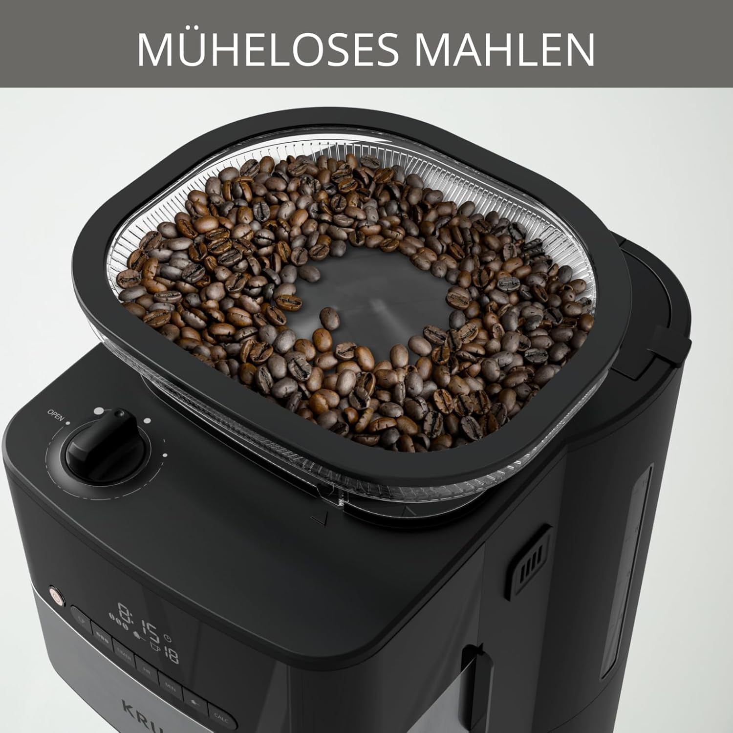 Macchina per caffè espresso Krups KM8328 Macina con macinino | timer 24 ore | Contenitore per cereali 180 g | Capacità 1,25 l per un massimo di 15 tazze di caffè | Funzione di spegnimento automatico | 3 impostazioni di macinatura | Nero