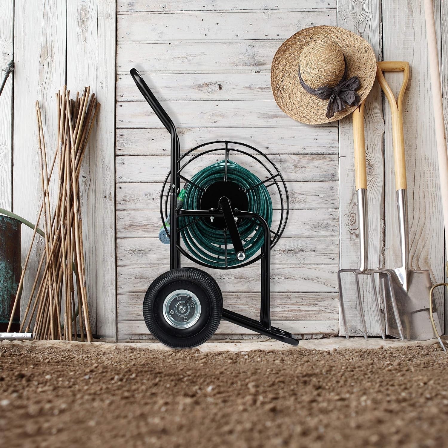 Carrello portatubo Relaxdays, avvolgitubo mobile, attacco 1/2" e 3/4", tubo fino a 80 m, 2 ruote, metallo, nero