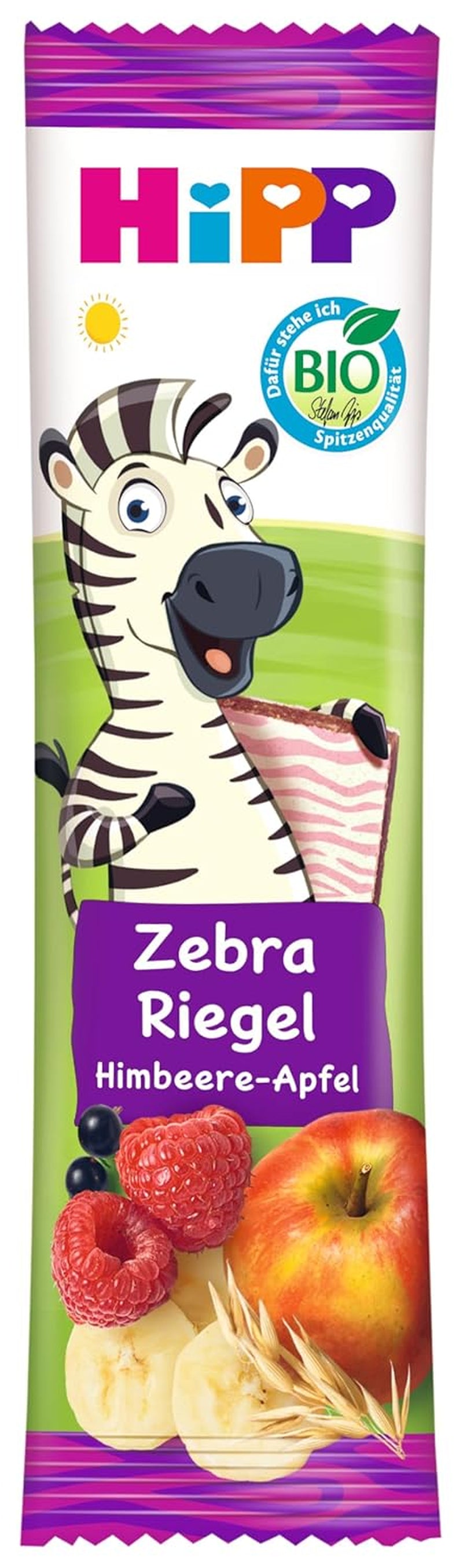 Barrette HiPP Zebra al gusto di lampone e mela banana (22 x 23g), da 1 anno, addolcite solo con frutta, della migliore qualità biologica