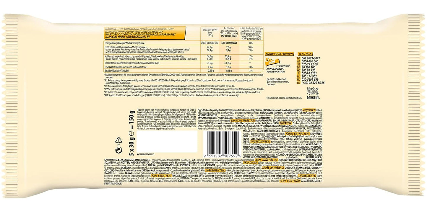 Confezione multipla Nestlé LION, barrette di cioccolato con glassa bianca, delizioso ripieno al caramello e wafer croccante, confezione di caramelle sfuse, 1 confezione (5 x 30 g)