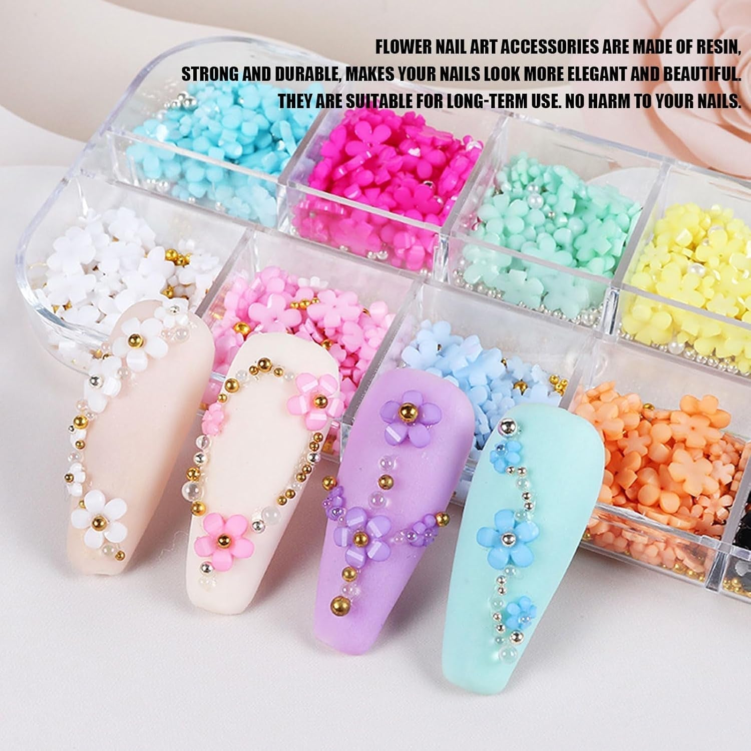 Ciondoli per unghie con fiori 3D, 12 griglie con fiori in resina acrilica e pietre per unghie con perline in oro e argento, fiori per unghie in gel, decorazioni floreali per unghie per donne e ragazze, accessori per manicure fai da te