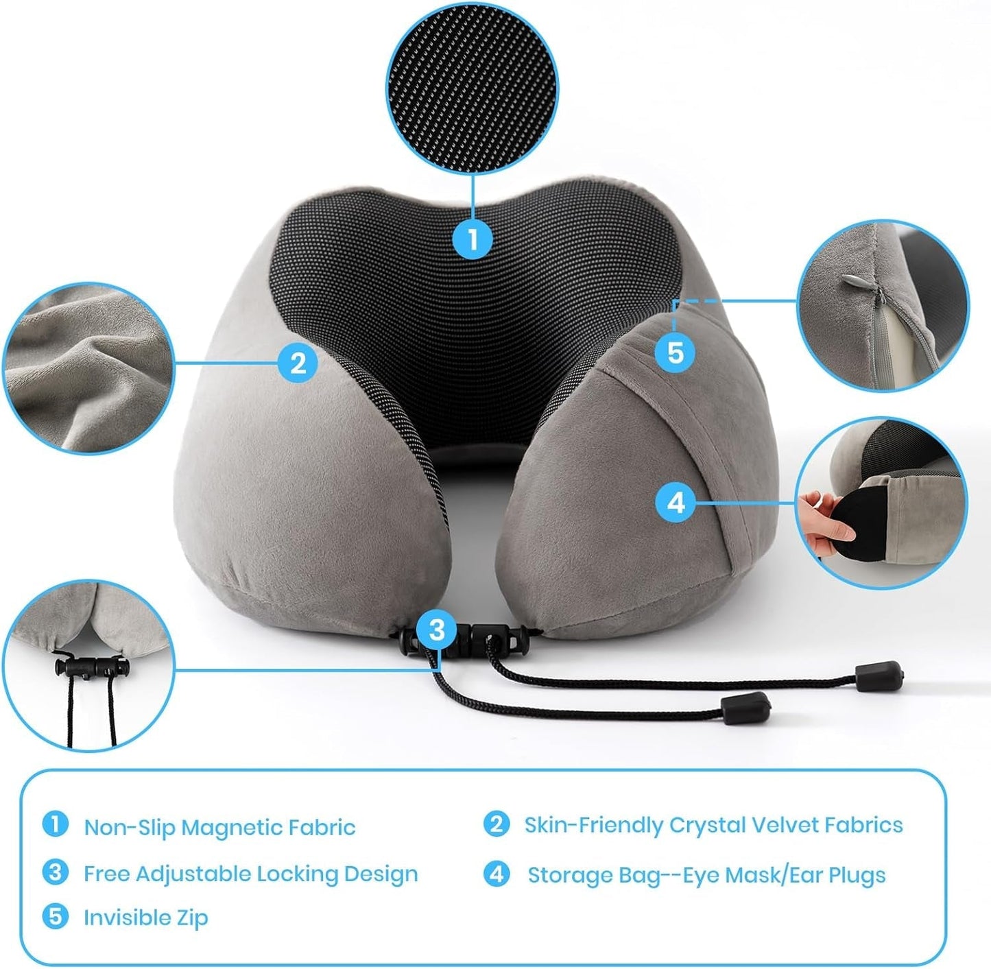 Cuscino per il collo, Cuscino per il collo dell'aereo, Cuscino da viaggio, Cuscino per il collo per adulti, Cuscino per il collo dell'auto, Cuscino per la casa, Cuscino ergonomico in memory foam, Schienale stretto lavabile, Regolabile, Grigio